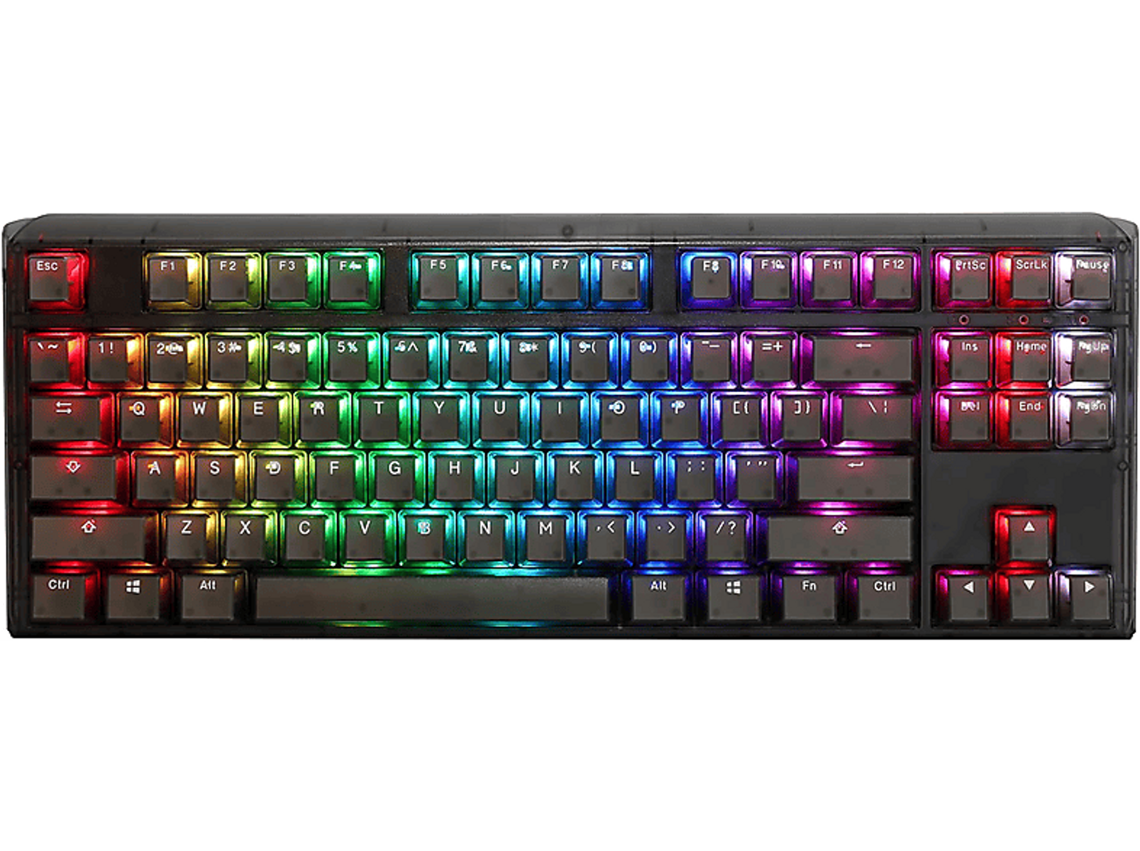 Zwart mechanisch toetsenbord met regenboogkleurige toetsen en letters, verlicht tegen een zwarte achtergrond.