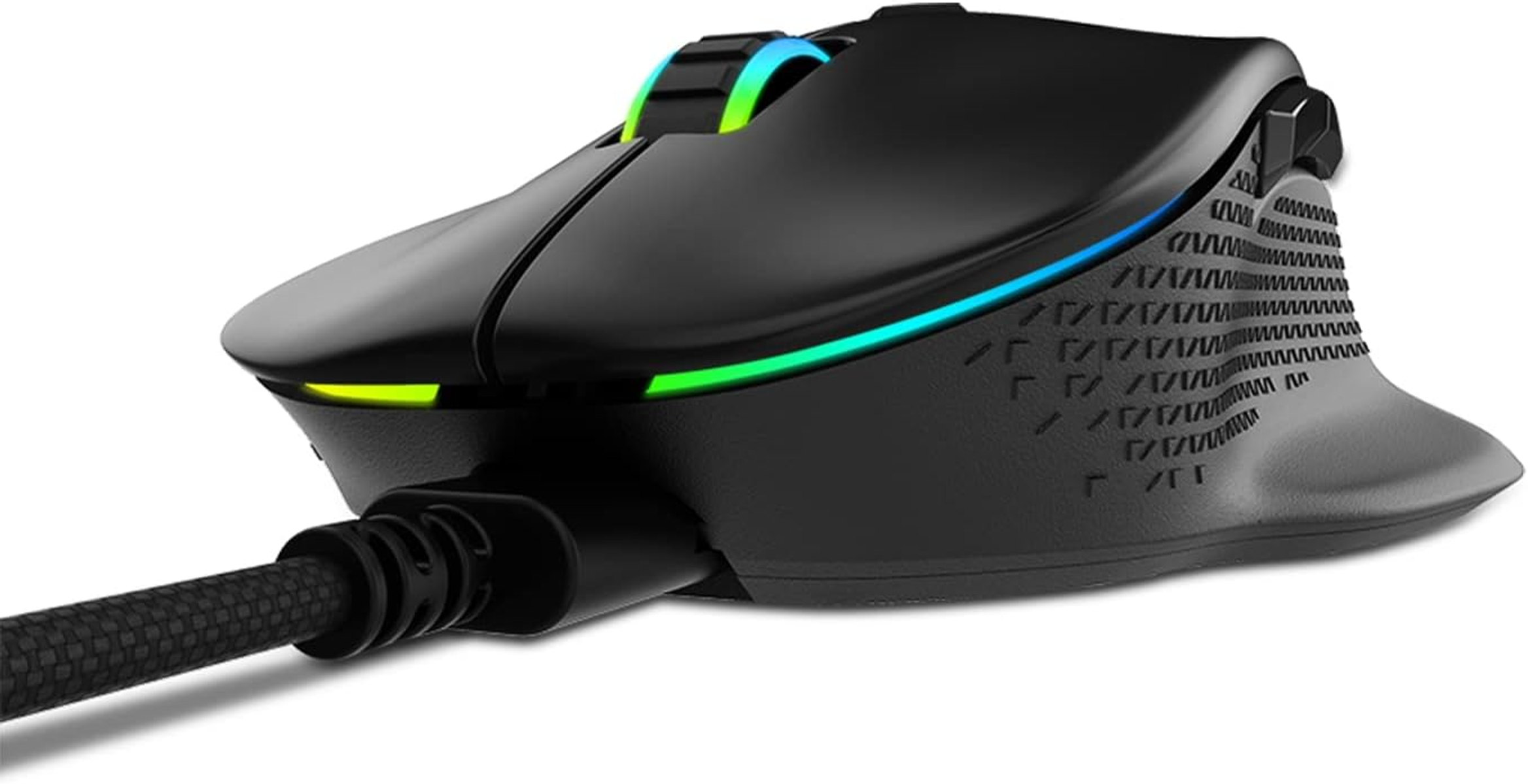 A black gaming mouse with RGB lighting and a braided cable, angled view.