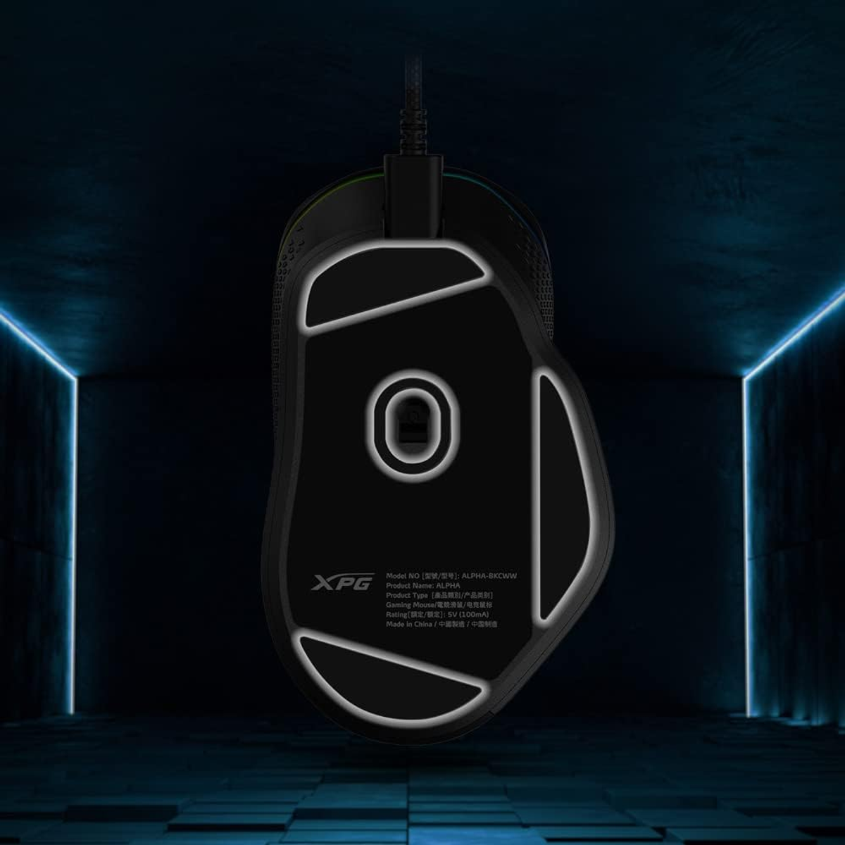 Underside of a gaming mouse. Black with a white outline.  XPG logo and various labels are visible.