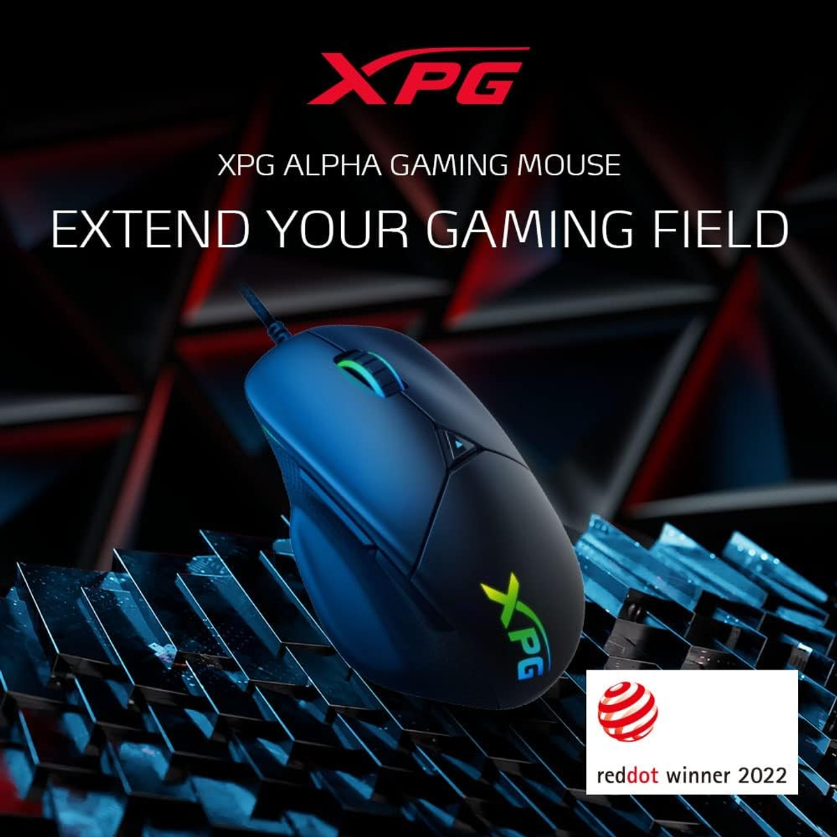 XPG Alpha gaming mouse. Blue and black mouse with the XPG logo and the text: Extend your gaming field.