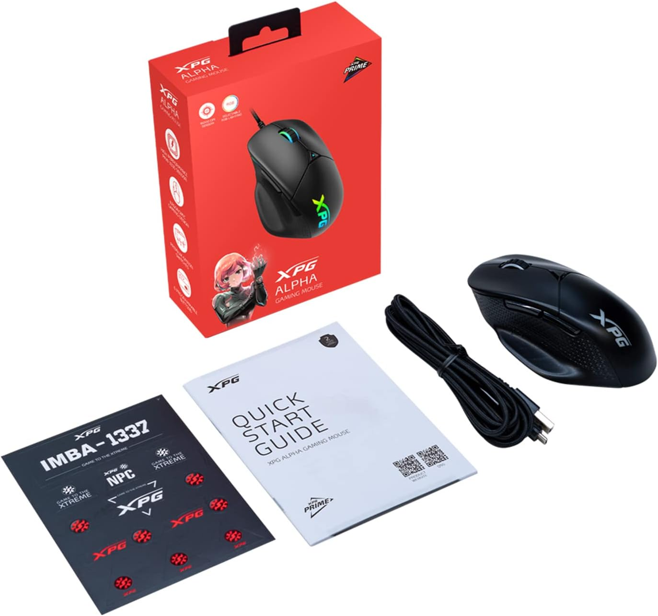 Gaming mouse, box, and accessories on a white surface. White background.