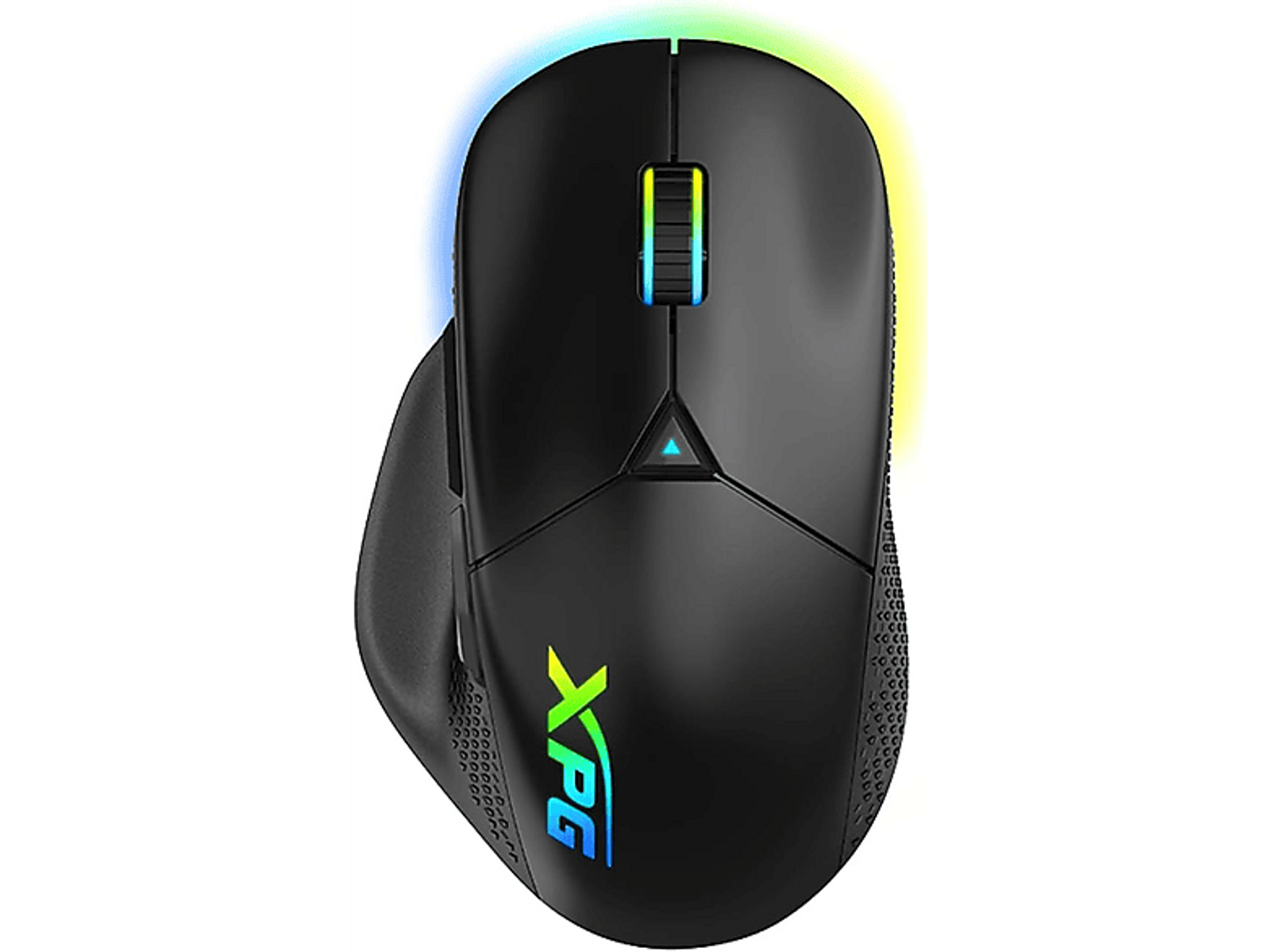 Black XPG gaming mouse. It has RGB lighting and a triangular design element on the top.