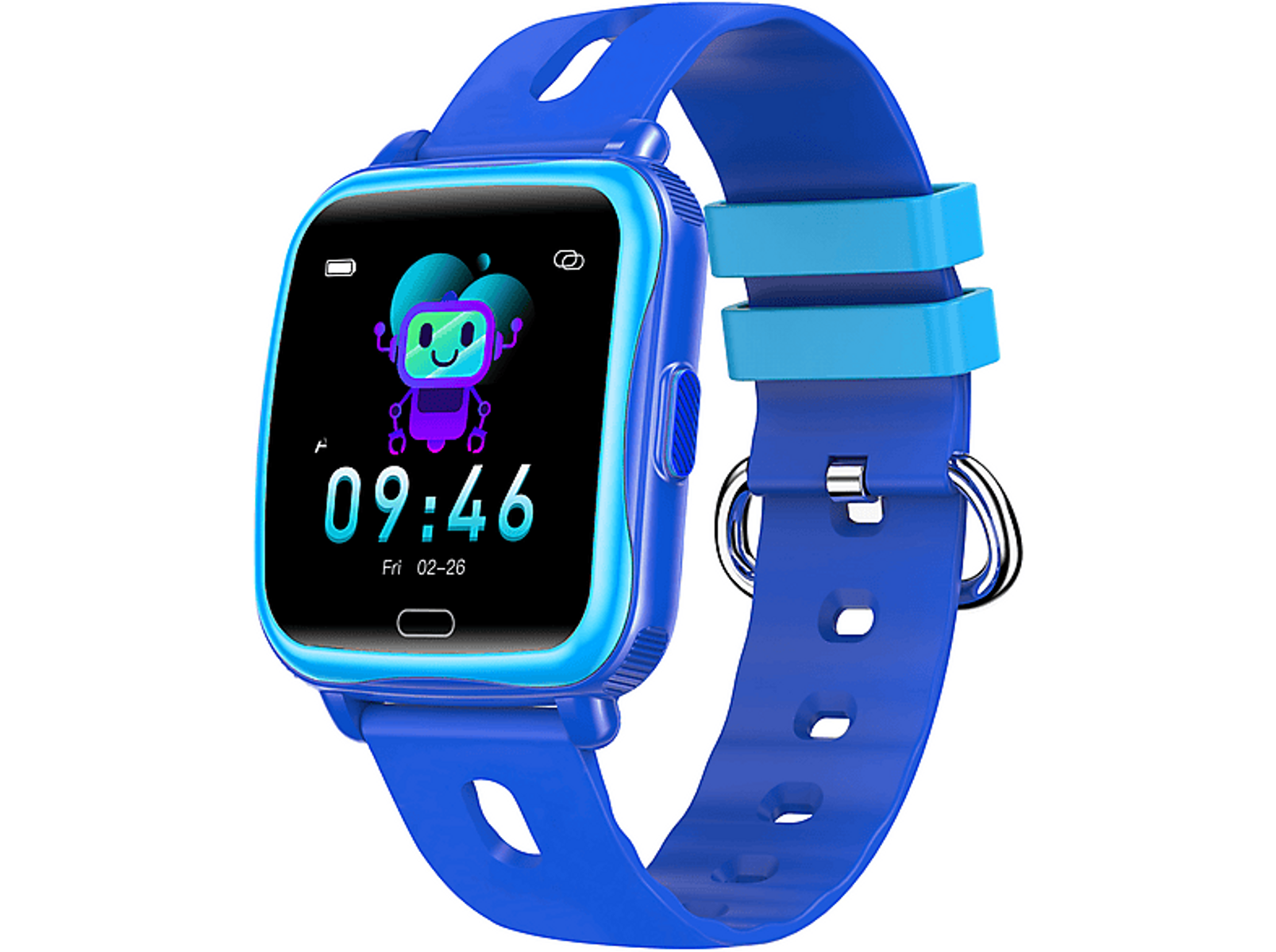 Smartwatch azul con pantalla que muestra un robot de dibujos animados y la hora 09:46.