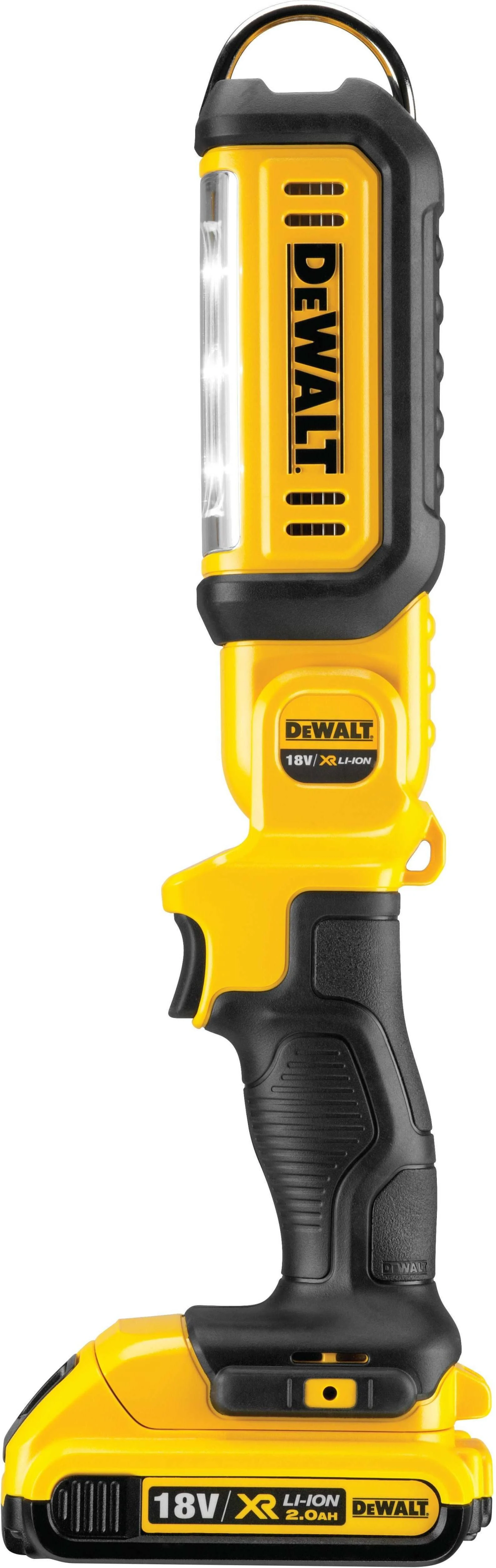 Gelb-schwarze DeWalt Arbeitsleuchte. Mit Griff, LED-Licht und Akkupack.