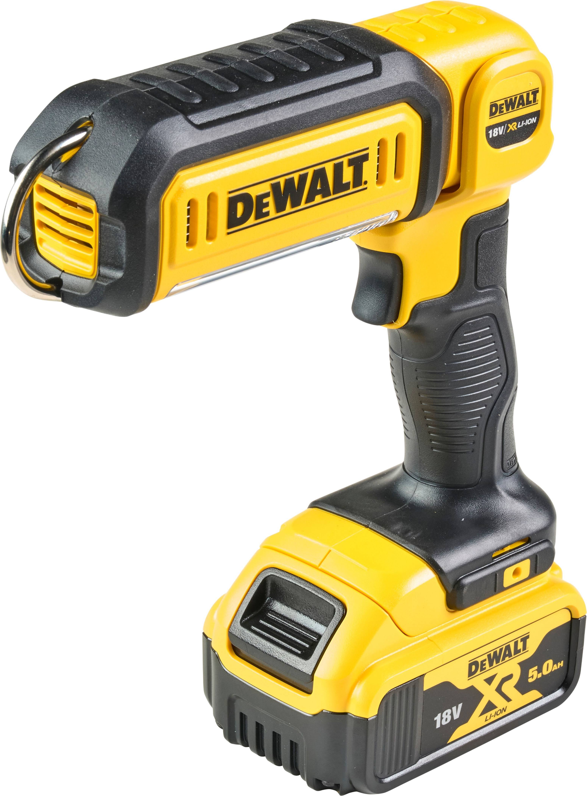 Eine gelb-schwarze DeWalt-Taschenlampe mit Akkupack.