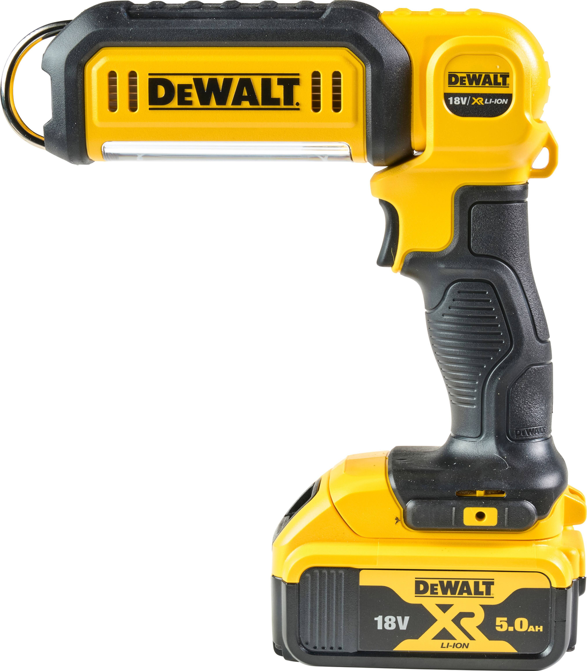 Gelb-schwarze Dewalt-Arbeitsleuchte mit Akku, auf weißem Hintergrund.