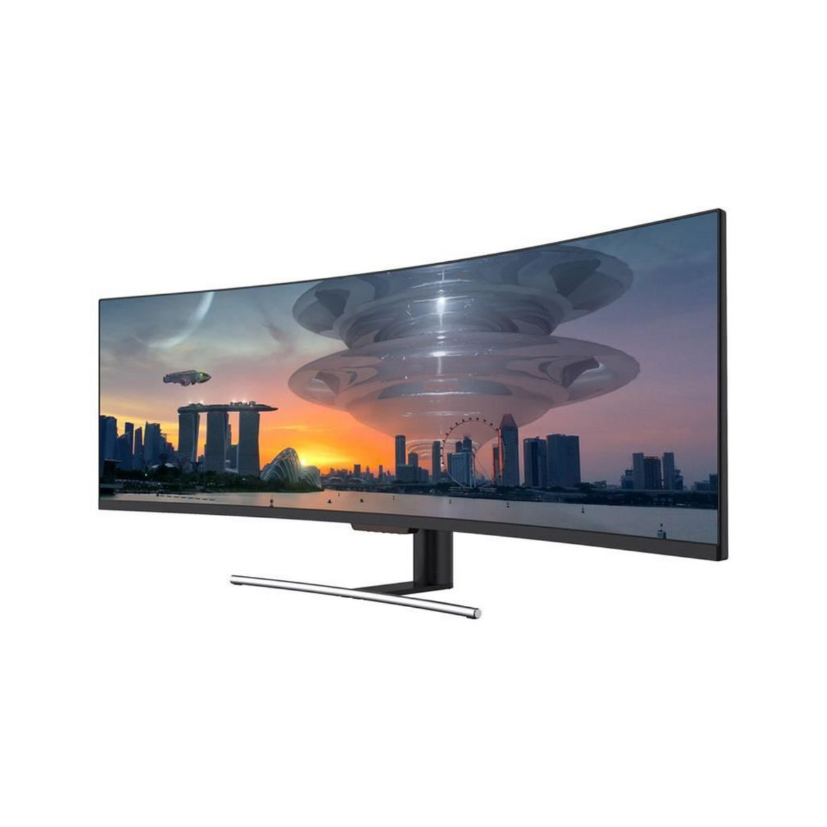 Zakrzywiony monitor wyświetlający panoramę miasta i stację kosmiczną. Czarna ramka.