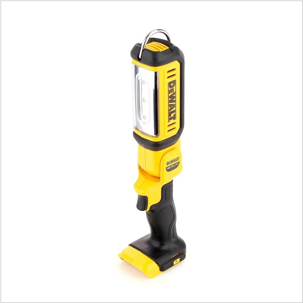 Eine gelb-schwarze DeWalt Arbeitsleuchte auf weißem Hintergrund. Sie hat einen Griff und helles Licht.