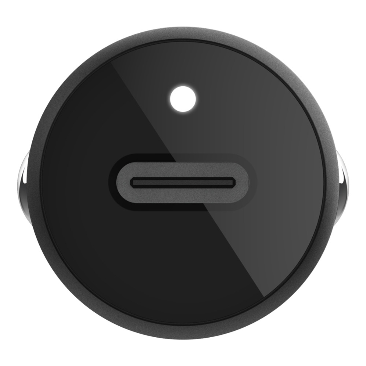 Caricabatterie per auto nero con porta USB-C.