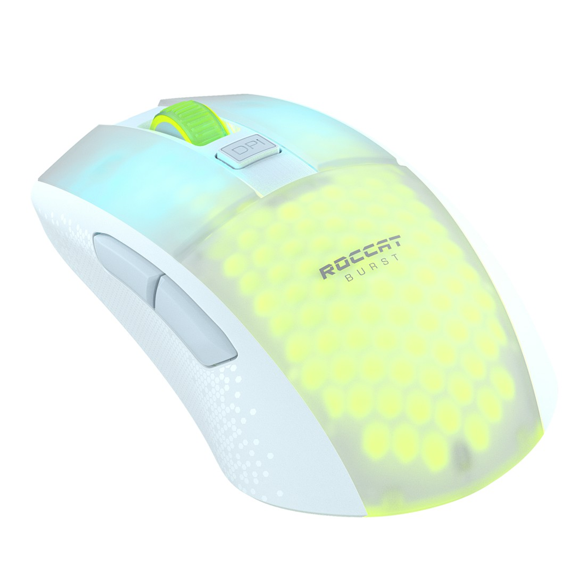 Biała mysz gamingowa z zielonym kółkiem. Żółte światło prześwituje przez wzór plastra miodu.