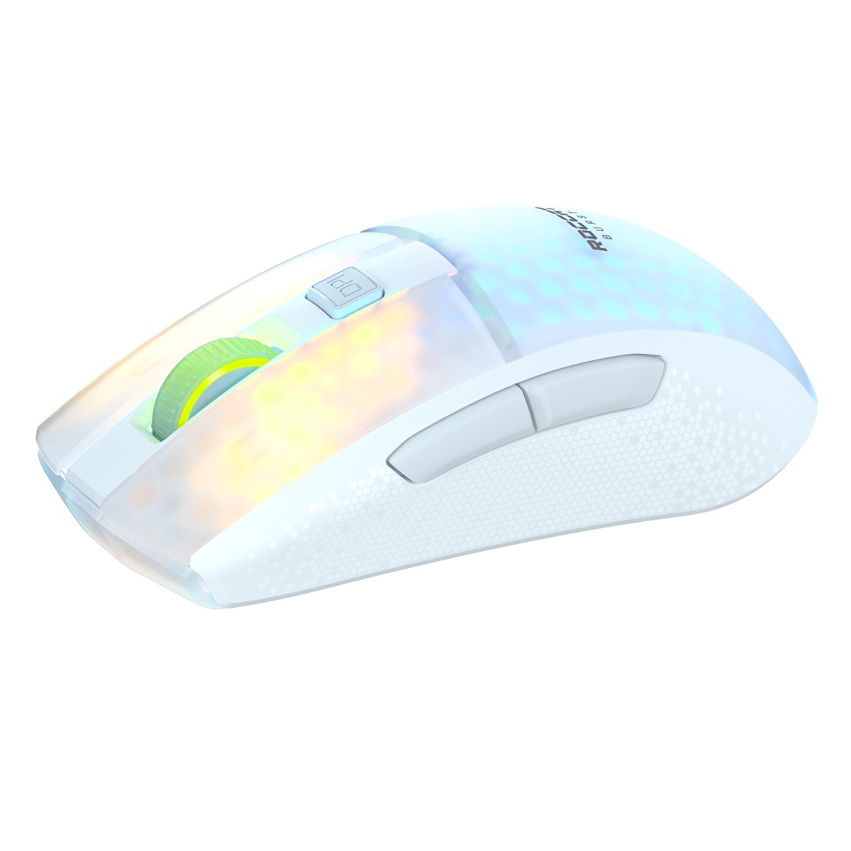 Biała mysz do gier z oświetleniem RGB, z zielonym kółkiem przewijania i dwoma bocznymi przyciskami.