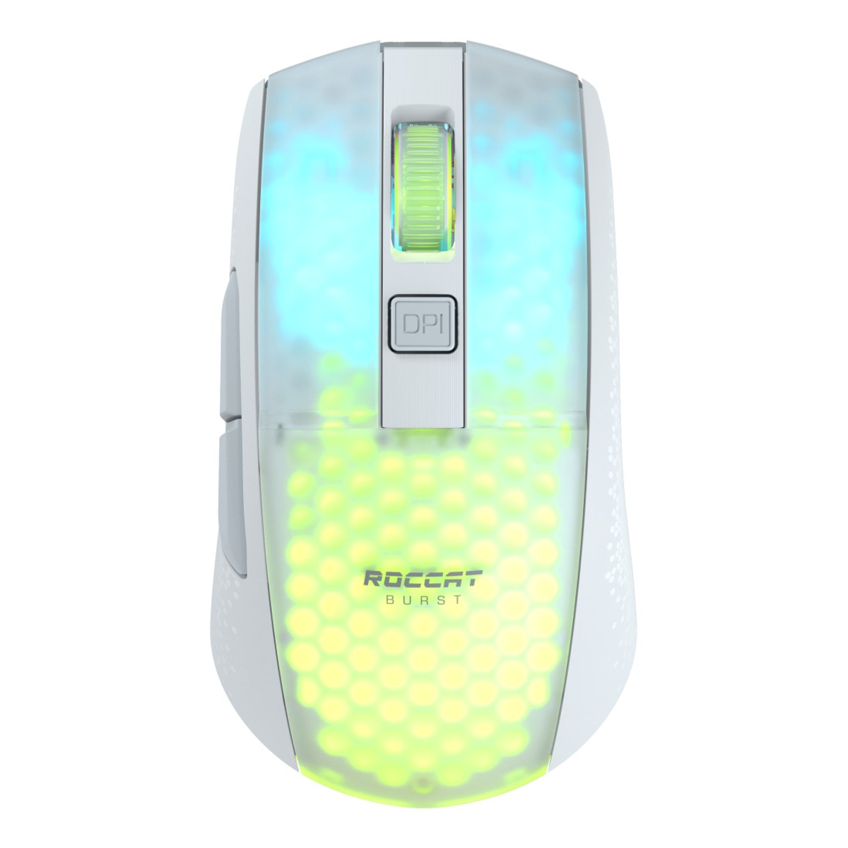 Biała mysz gamingowa z podświetleniem RGB. Posiada przyciski i kółko przewijania. Widoczne logo ROCCAT.