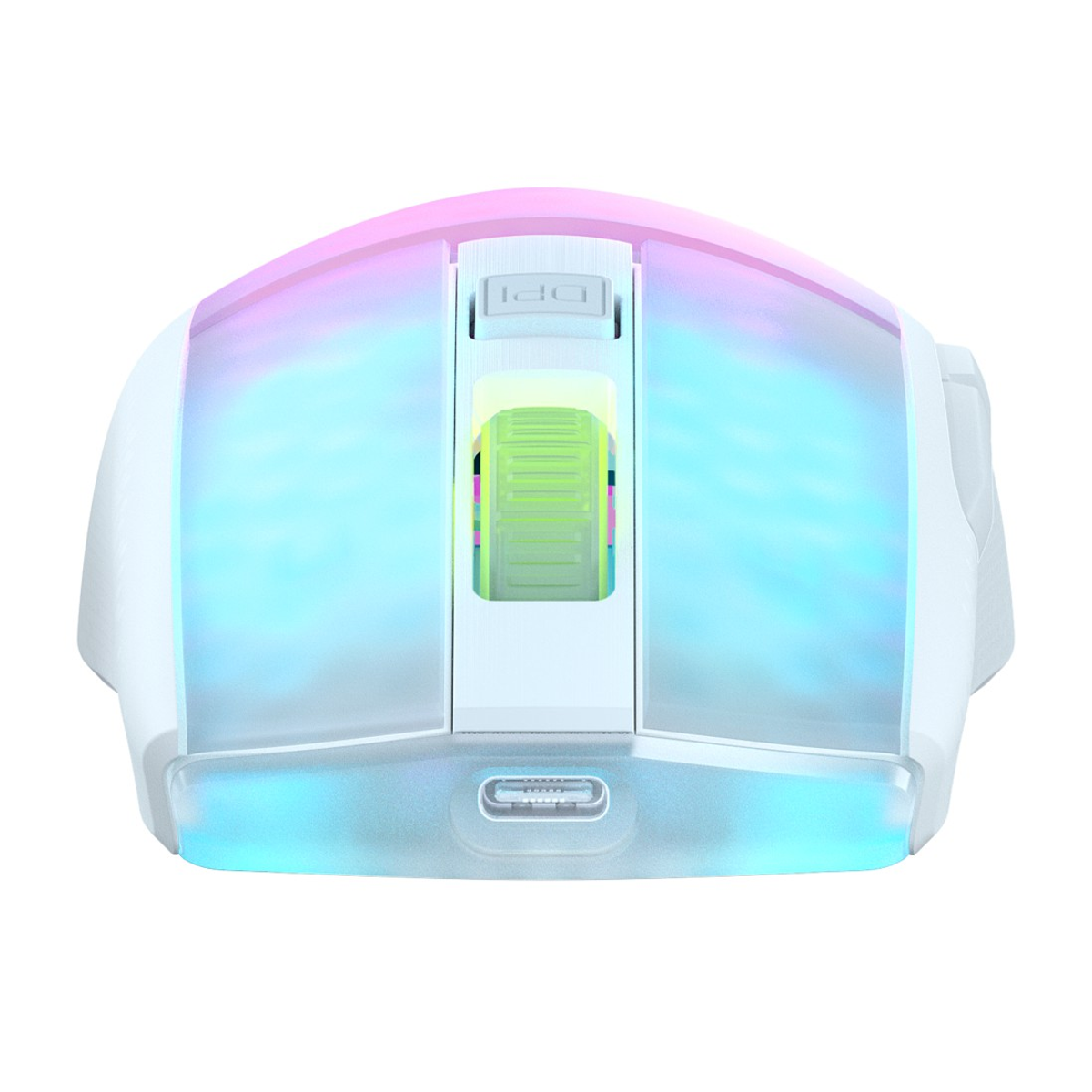 Biała mysz do gier z podświetleniem RGB. Posiada kółko przewijania i przycisk DPI. Na spodzie port USB.