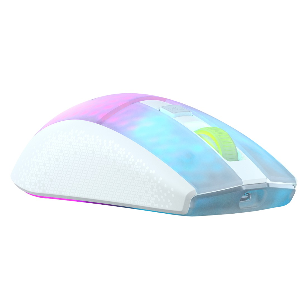 Biała mysz komputerowa z podświetleniem RGB. Kółko przewijania jest zielone, reszta niebieska i różowa.