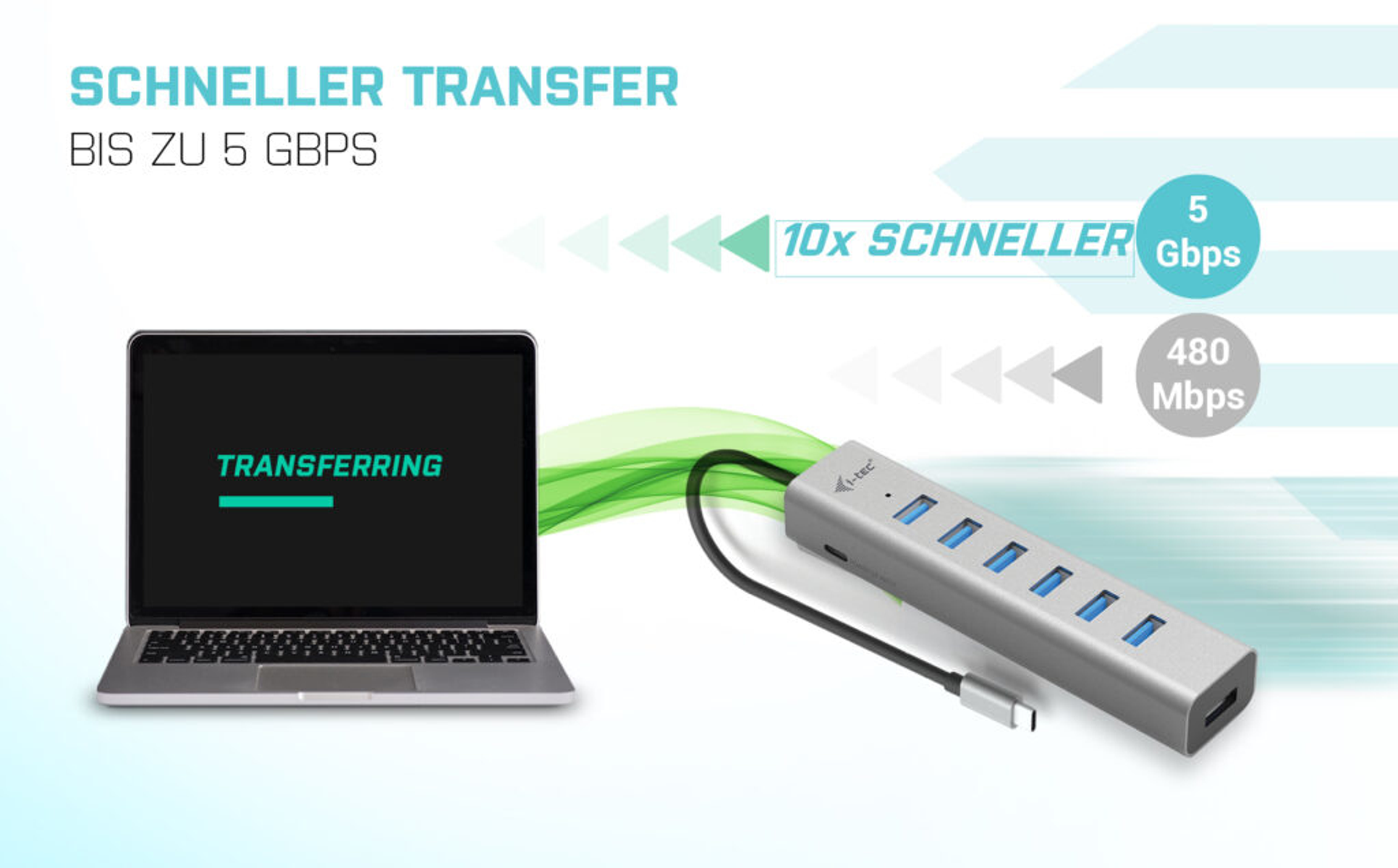 Un hub USB argentato con più porte e un laptop sul lato sinistro.