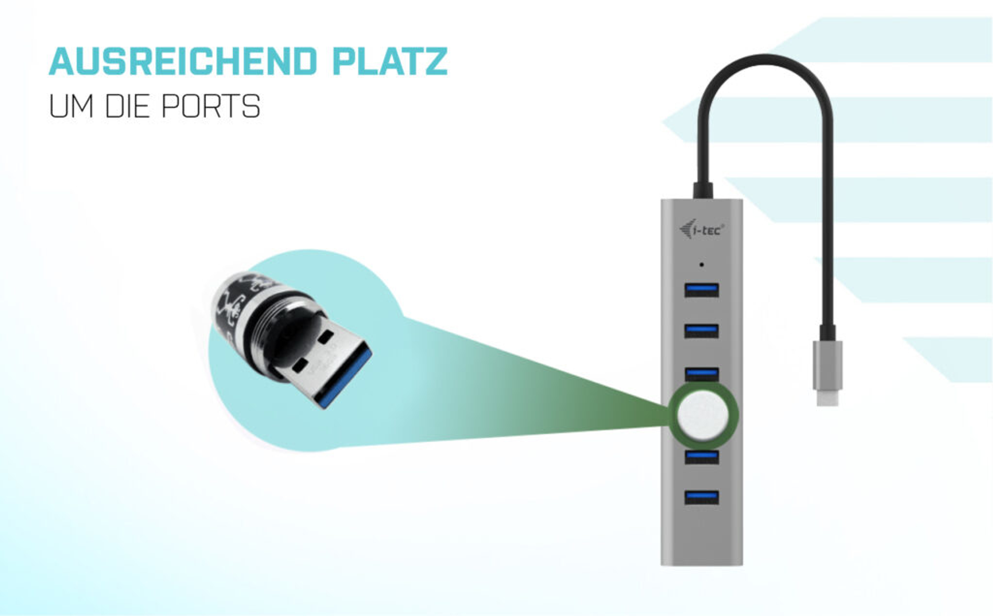 Hub USB con cavo. Colore argento. Testo in tedesco: AUSREICHEND PLATZ UM DIE PORTS.