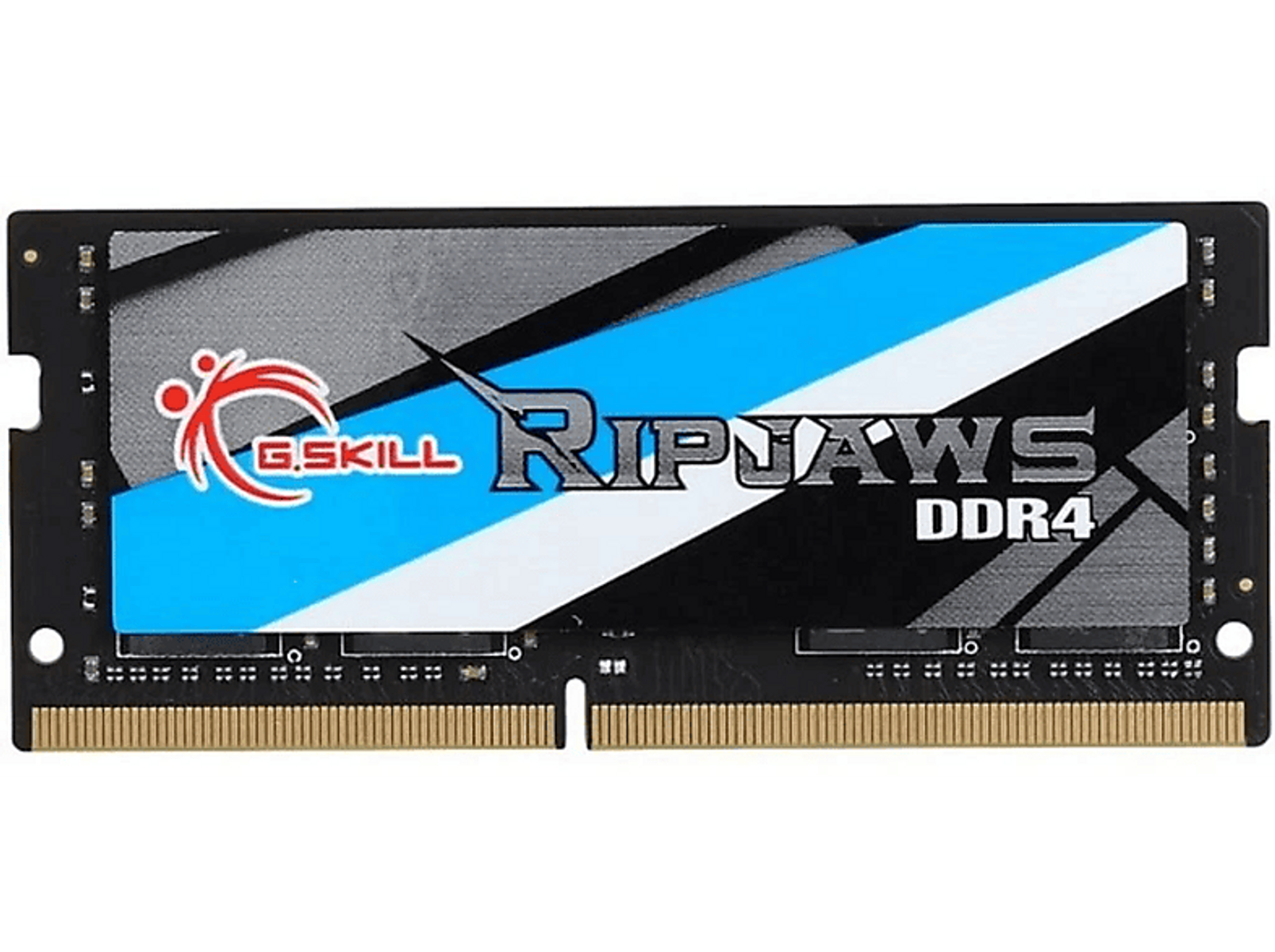 Czarny moduł pamięci RAM z niebieskimi i srebrnymi akcentami. Posiada markę G.Skill Ripjaws DDR4.