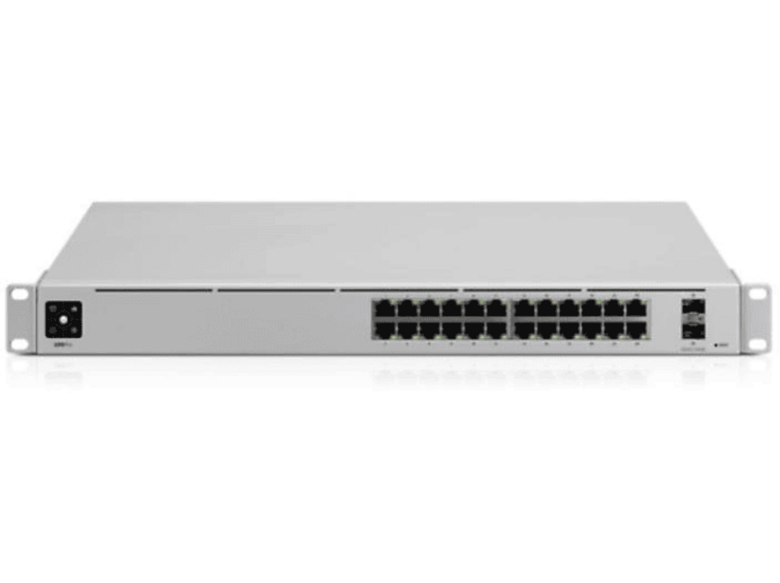 Un conmutador de red gris con múltiples puertos, varias luces y el logotipo de UBIQUITI en la parte frontal.