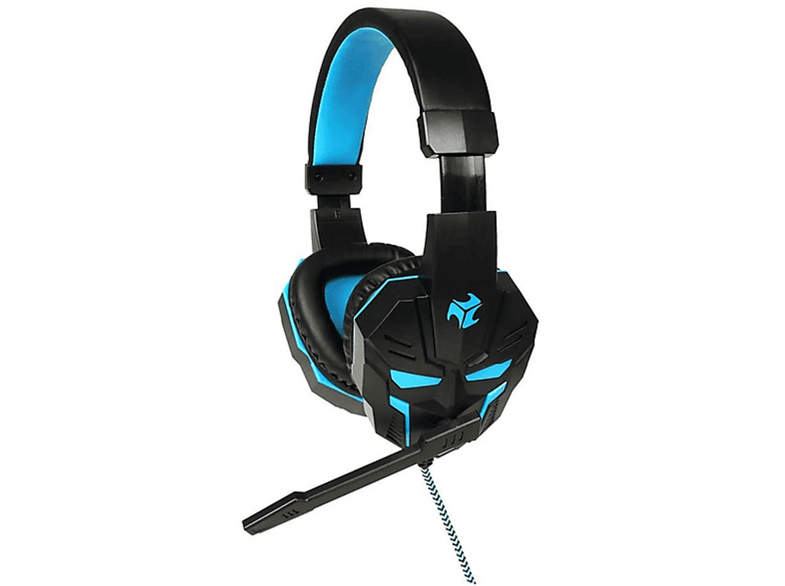 Słuchawki dla graczy, czarne z niebieskimi akcentami i mikrofonem.
