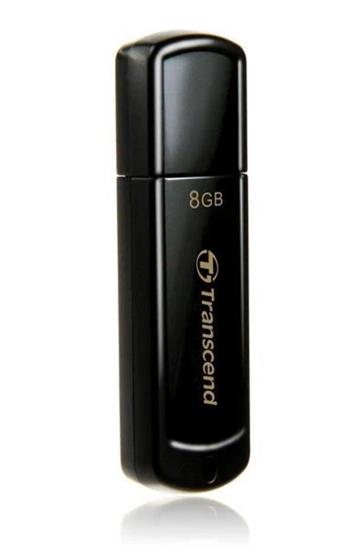 Czarna pamięć flash USB z logo 'Transcend' i nadrukowaną pojemnością '8GB'.