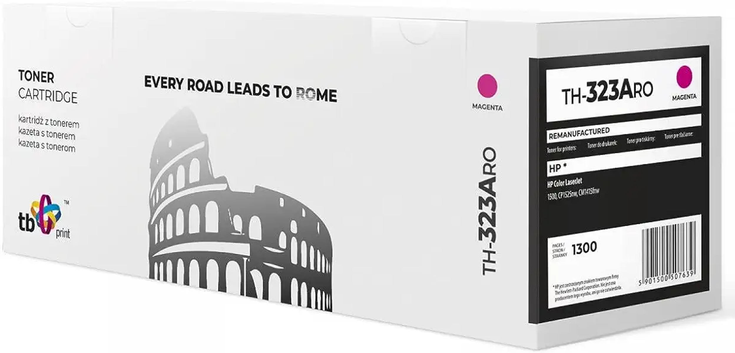Scatola della cartuccia toner. La scatola è bianca con un'immagine del Colosseo. Il testo dice 'Every Road Leads to Rome'.