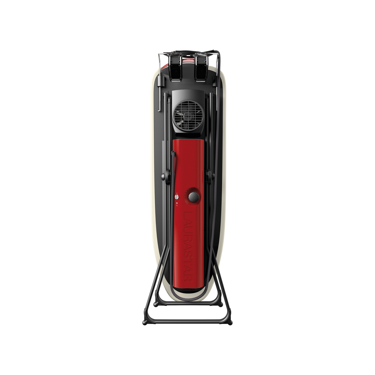 Ein roter und weißer Bügelständer vor weißem Hintergrund.