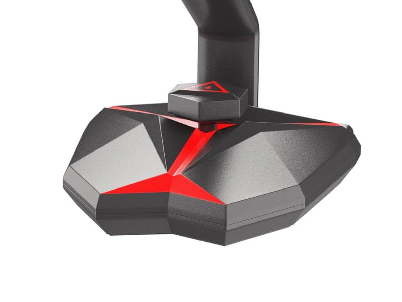Schwarzer und roter Gaming-Headset-Ständer, geometrisches Design, mit rotem Dreieck in der Mitte.
