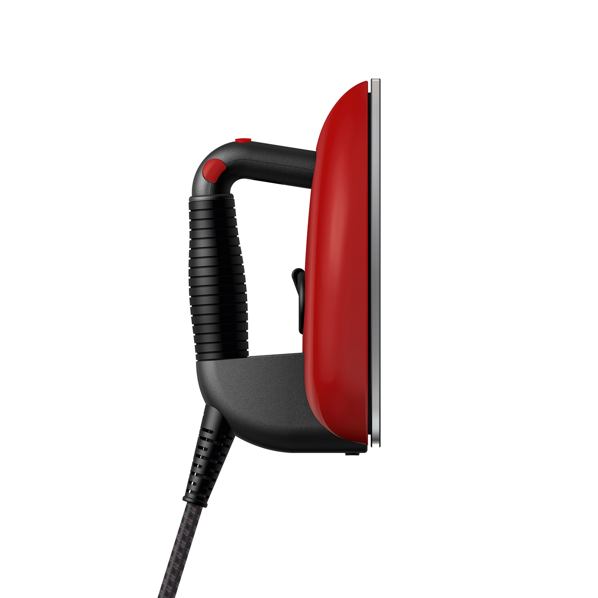 Rotes Bügeleisen mit schwarzem Griff und Kabel, Seitenansicht, vor weißem Hintergrund.