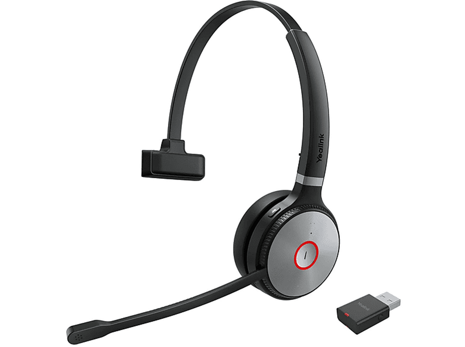 Schwarzes Yealink-Headset mit Basis. Das Headset hat ein Mikrofon und eine Taste. Die Basis ist klein.