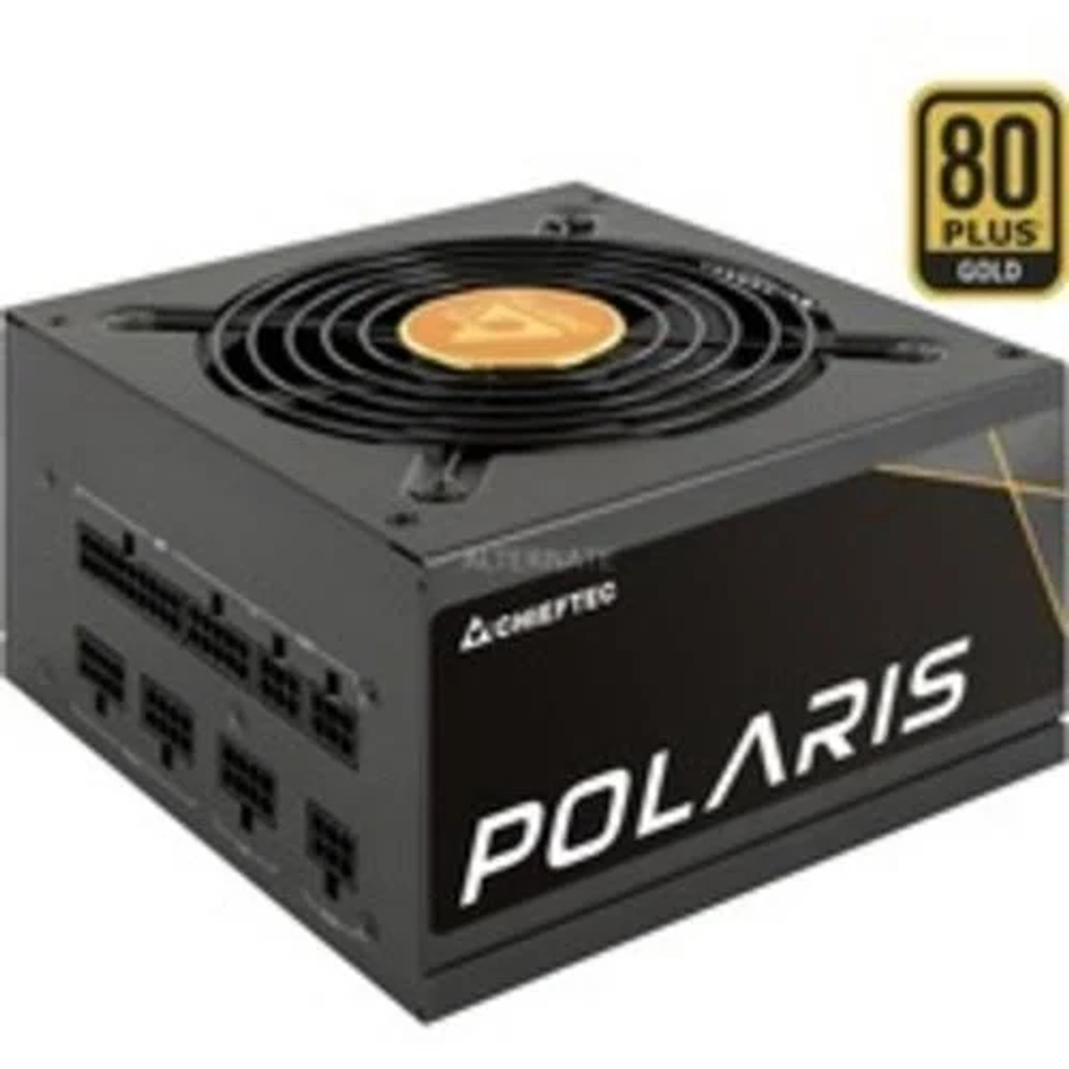Alimentatore nero con ventola, etichetta oro e testo 'POLARIS'.
