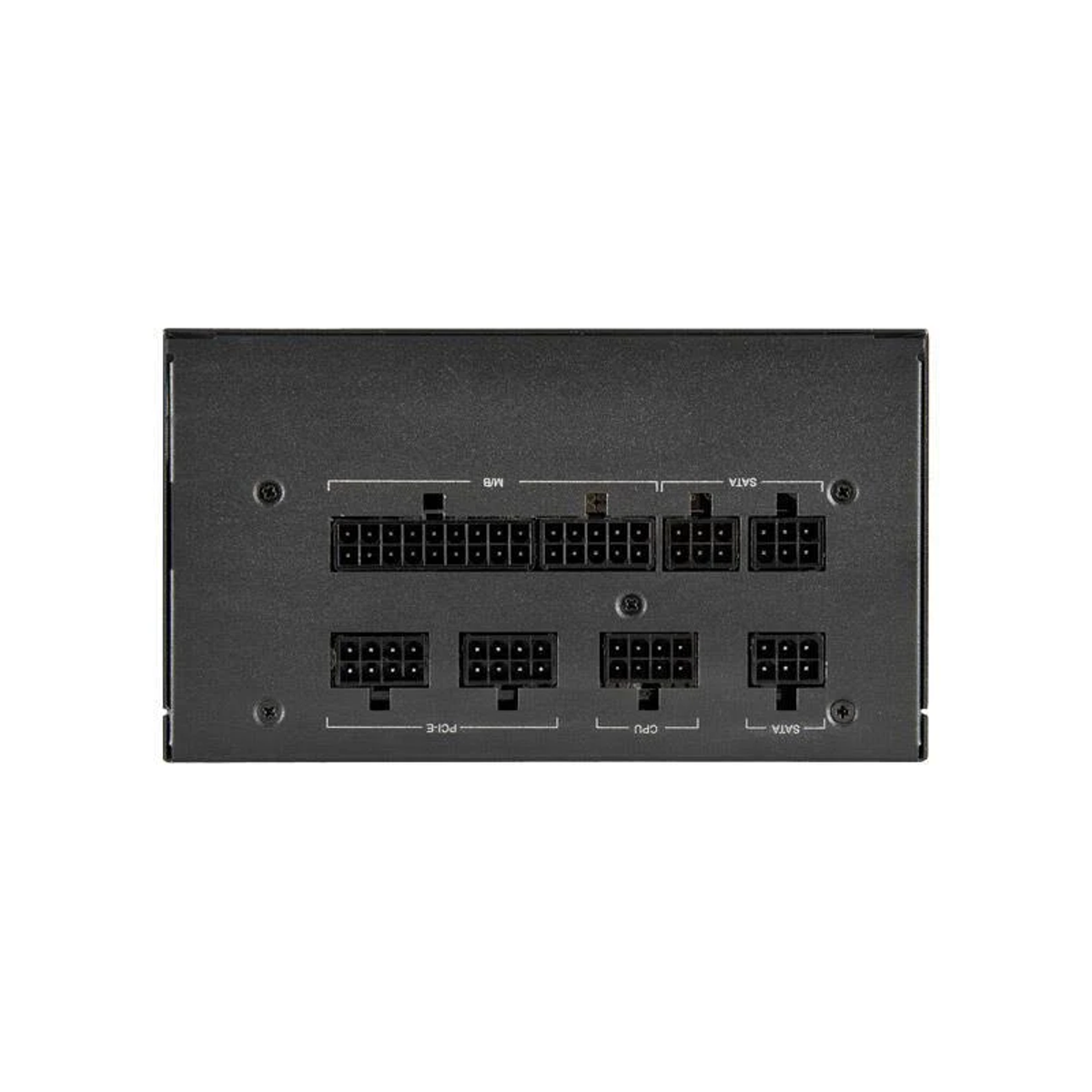 Il retro di un alimentatore. Sono visibili più porte, etichettate per varie connessioni. L'unità è nera.