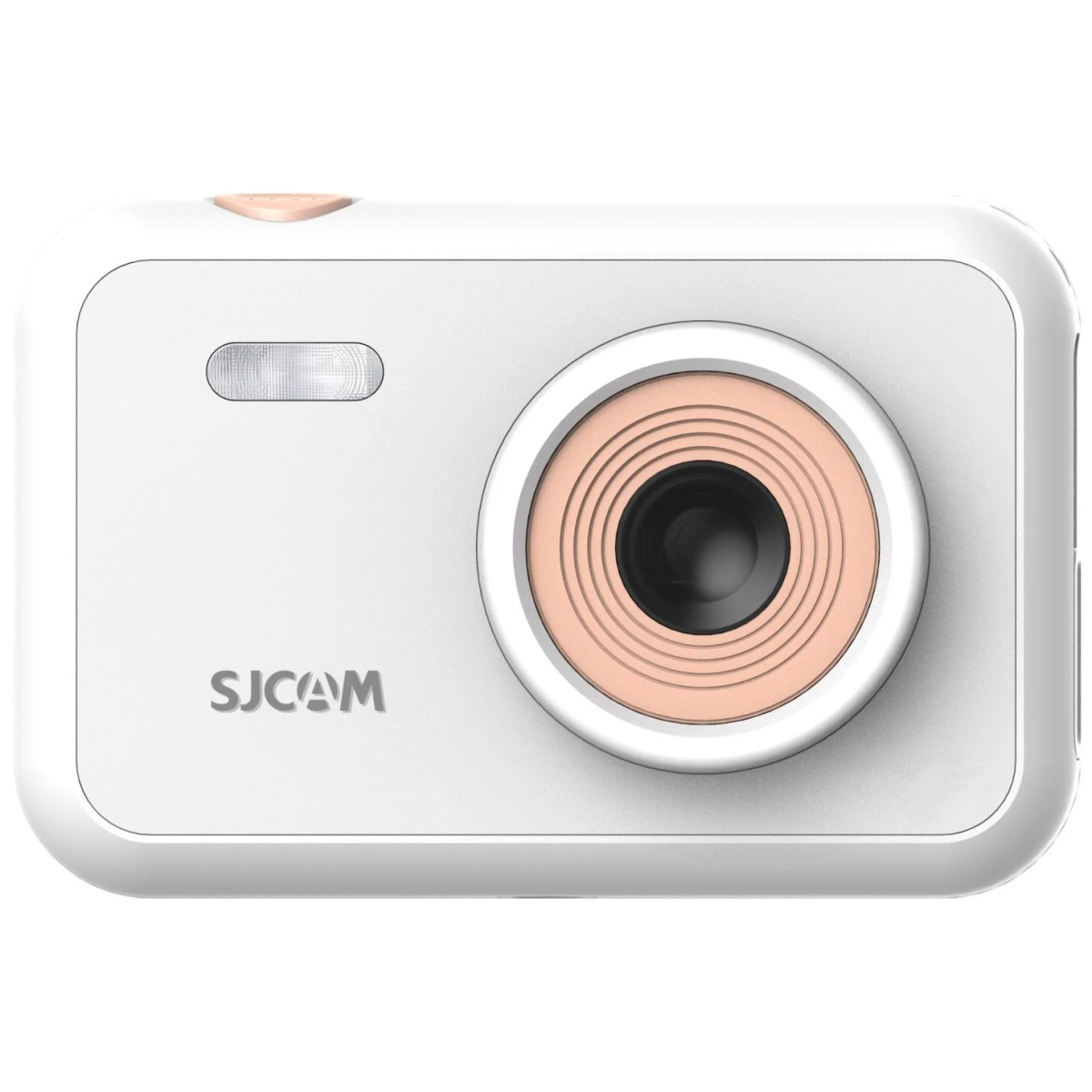 Weiße SJCAM Kamera mit roségoldener Linse und Blitz, auf weißem Hintergrund.