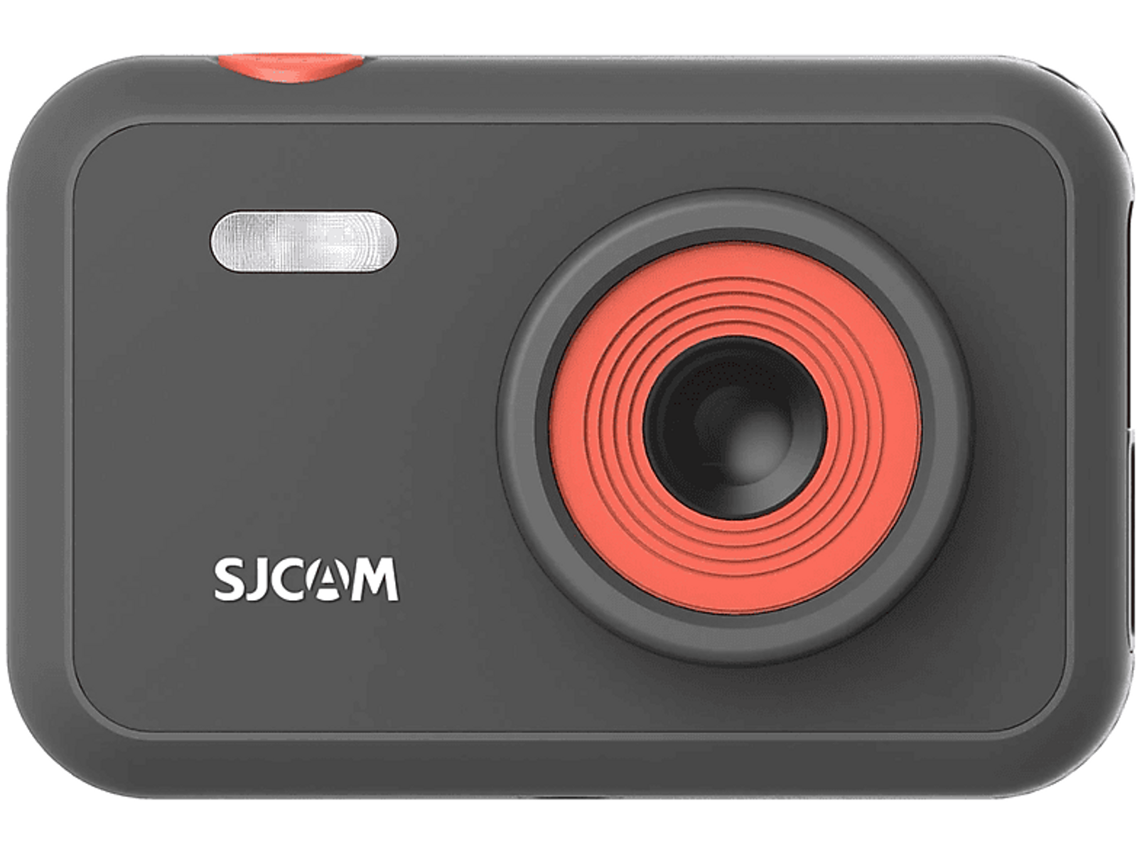 Eine graue Action-Kamera mit rotem Objektivring und roter Ein-/Aus-Taste. Die Marke ist SJCAM.