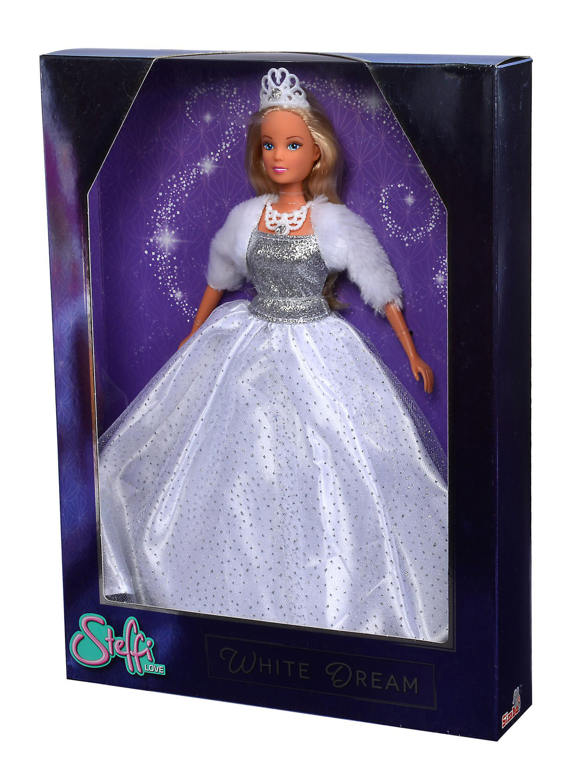 Eine Puppe in einer Box. Die Puppe trägt ein weißes Kleid und eine Tiara.