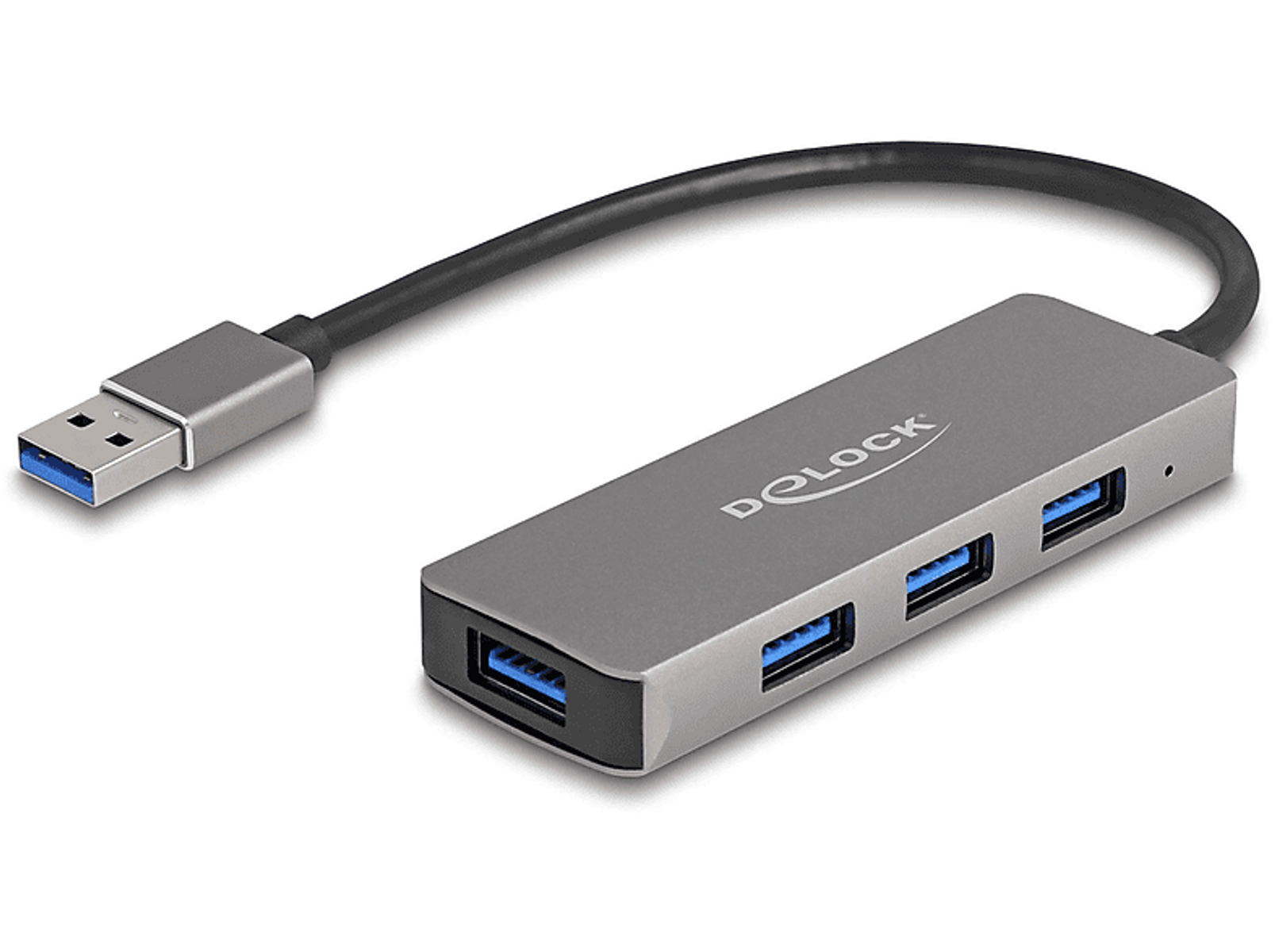 Ein grauer USB-Hub mit einem USB-A-Anschluss und drei USB-A-Anschlüssen. Es ist ein Datenübertragungsgerät.