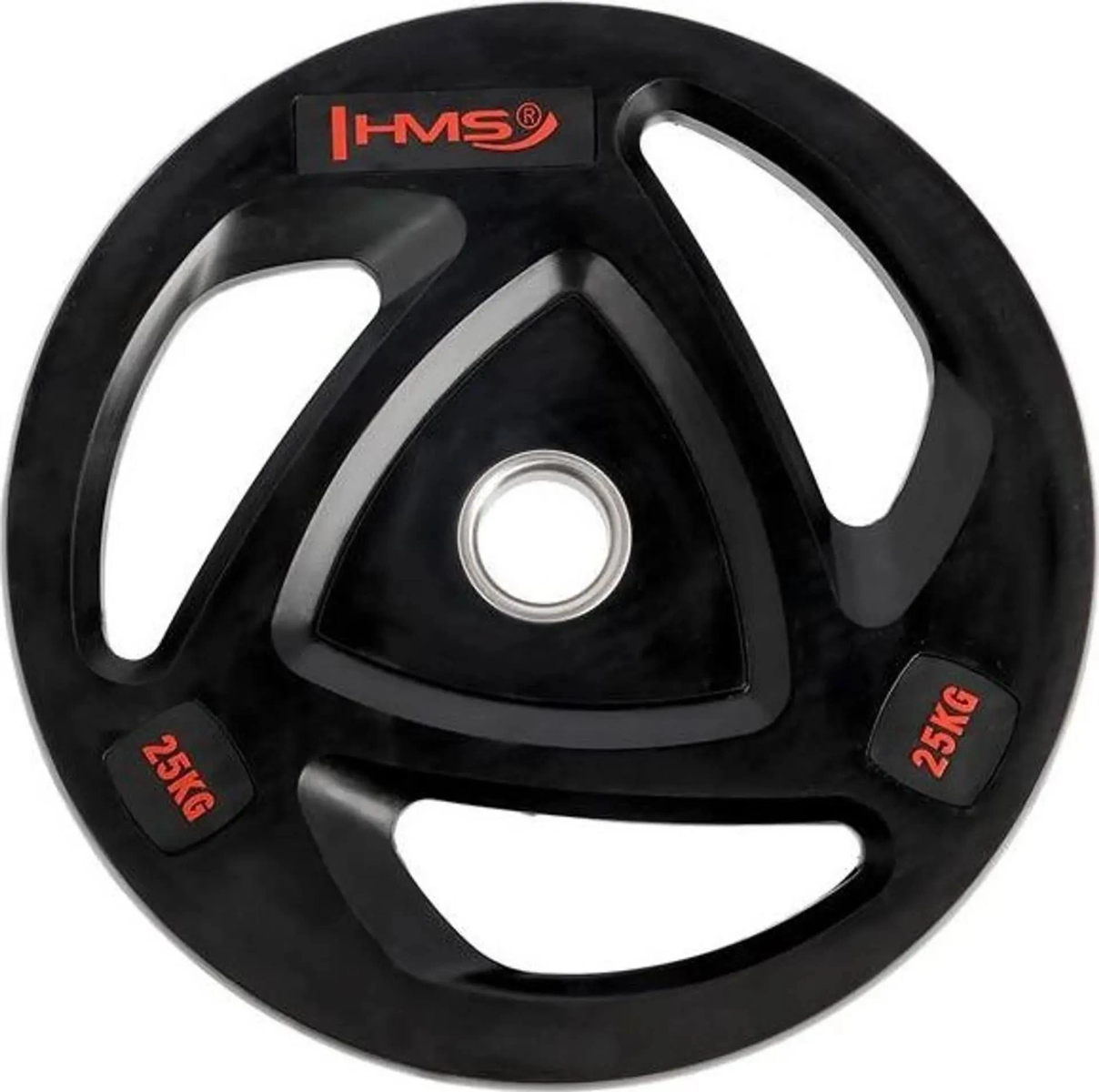 Disco pesi nero con segni rossi (25KG e logo HMS), forma rotonda, sfondo bianco.