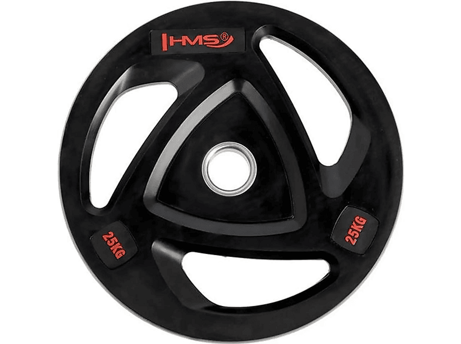Piastra di peso nera da 25 KG con marchi HMS e 25 KG in rosso, con un foro centrale.