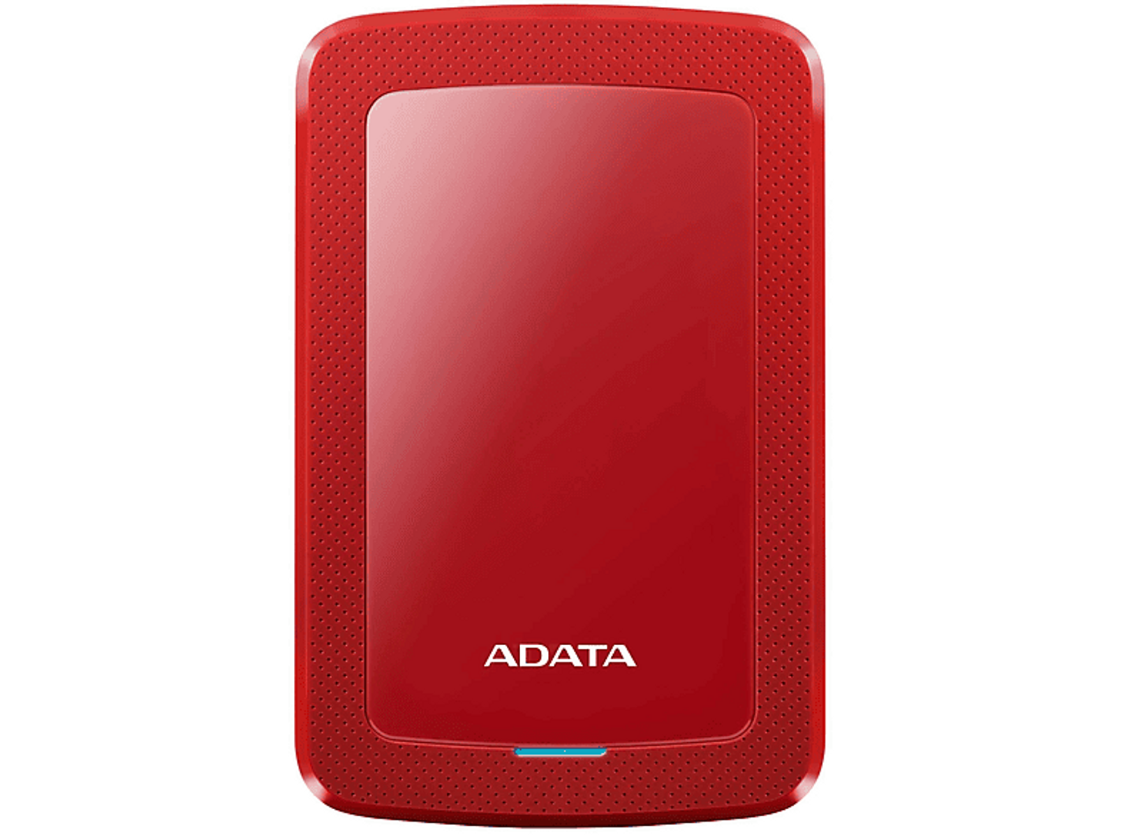 Czerwony zewnętrzny dysk twardy. Ma gładką powierzchnię i logo ADATA, z niebieskim światłem.
