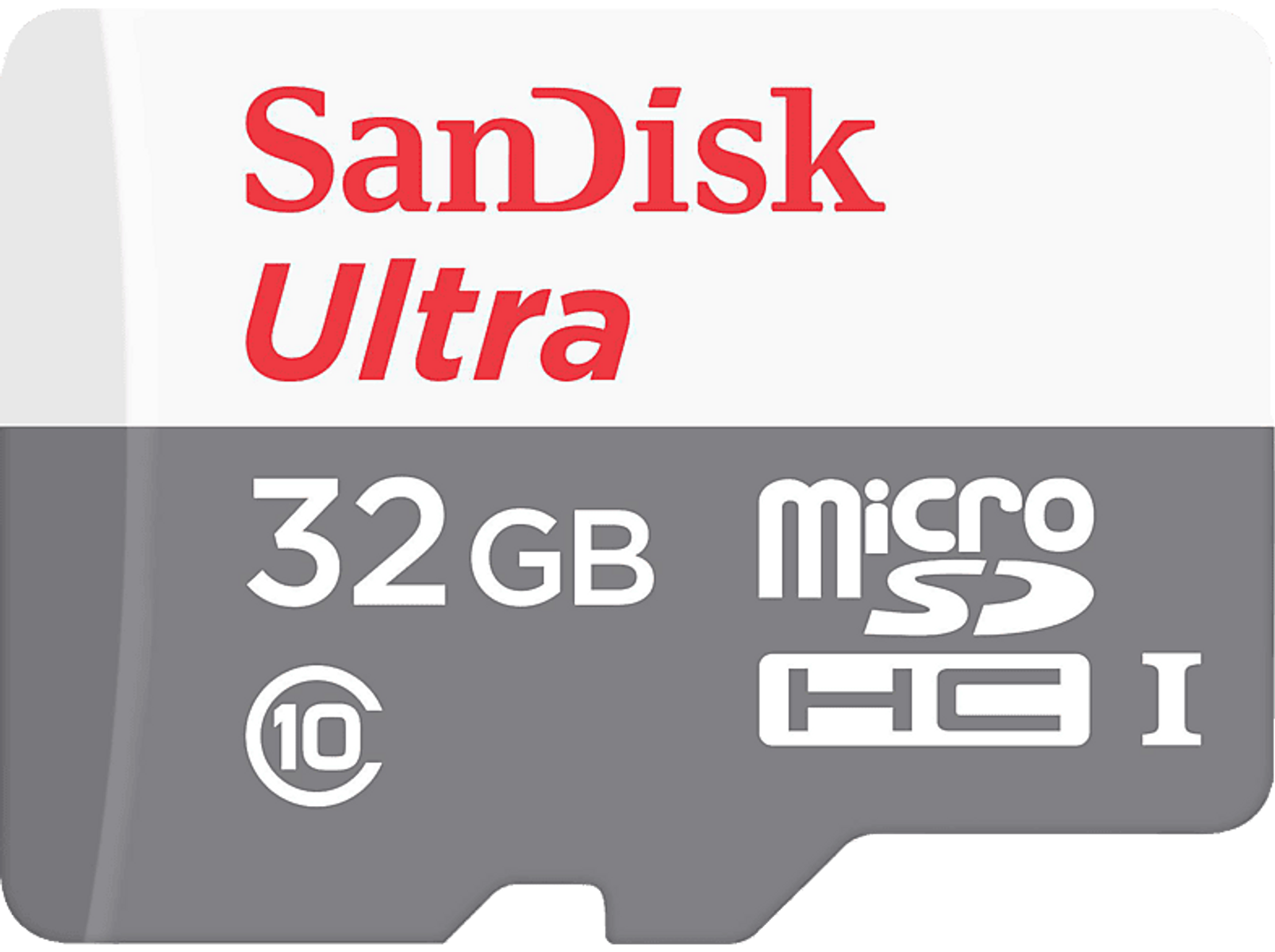 Tarjeta micro SD blanca y gris con logo 'SanDisk Ultra' rojo, vista en ángulo.