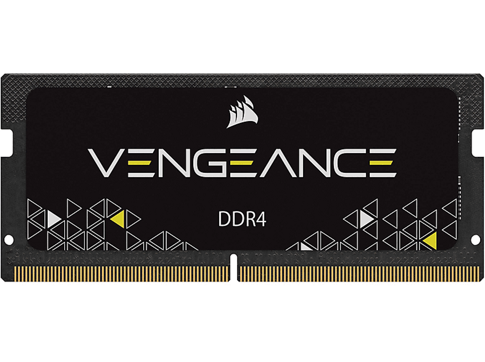 Czarny moduł pamięci RAM DDR4 z logo Vengeance DDR4 i żółtymi elementami, na czarnym tle.