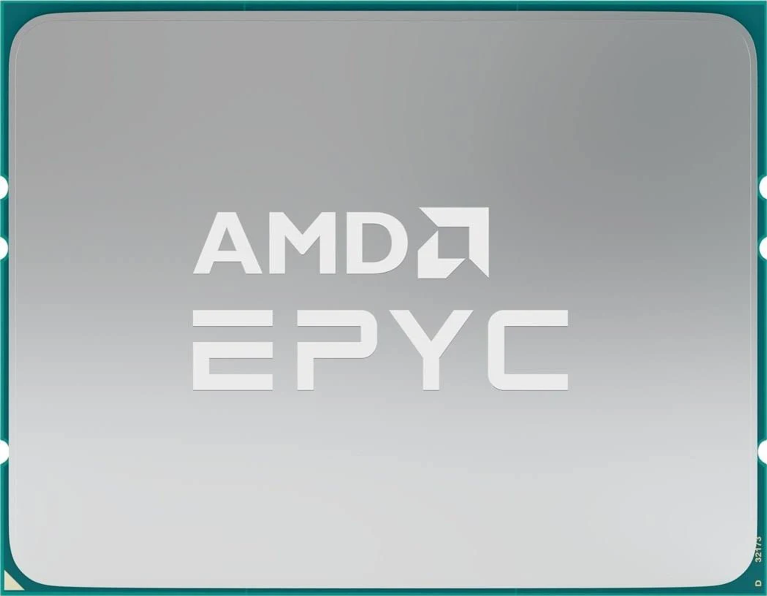 Srebrny procesor AMD EPYC. Logo i nazwa modelu są wyśrodkowane na powierzchni.