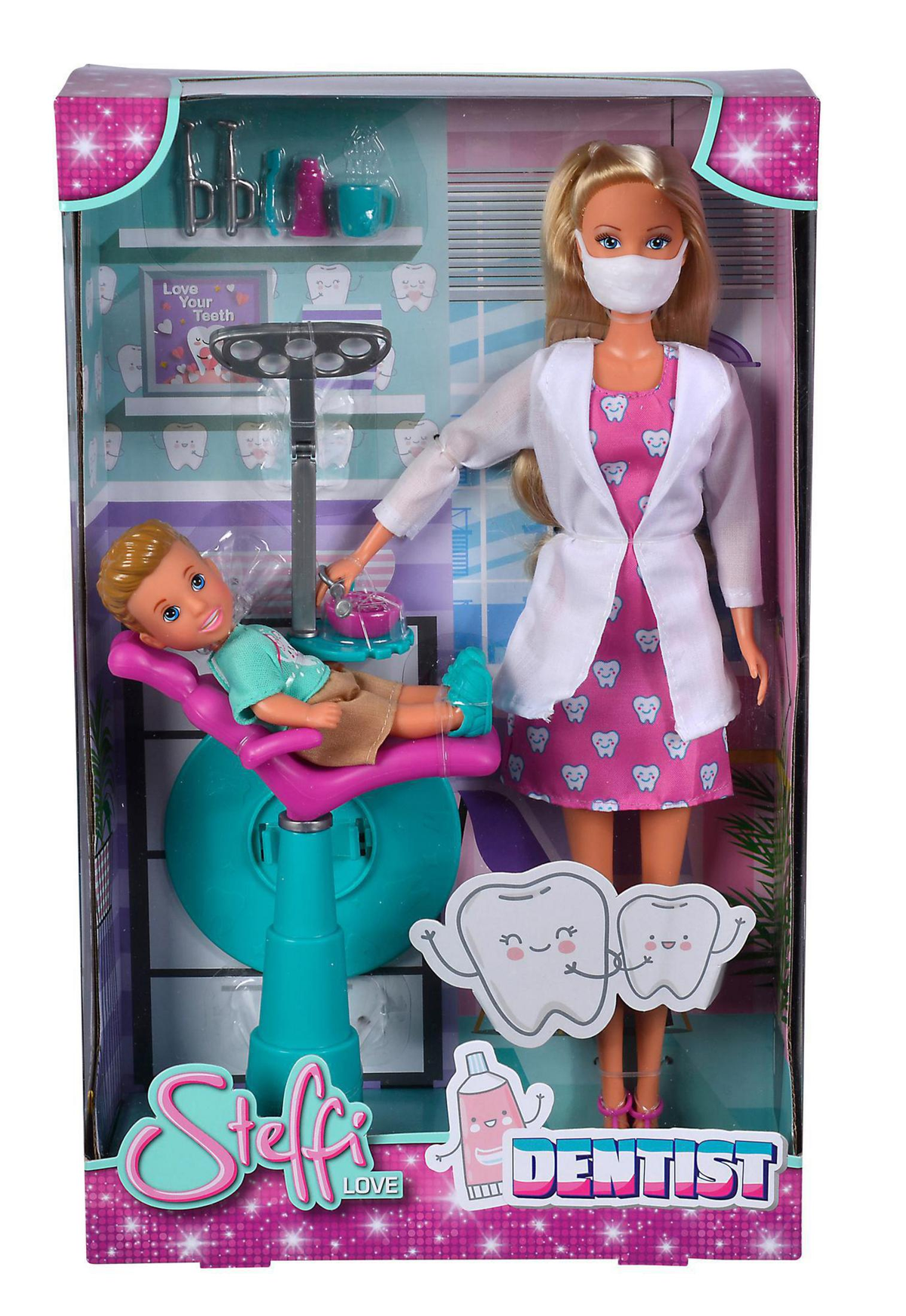 Steffi Love Puppe im Zahnarzt-Outfit, mit einem kleinen Jungen in einem Zahnarztstuhl. In der Box. Zahnarztwerkzeuge.