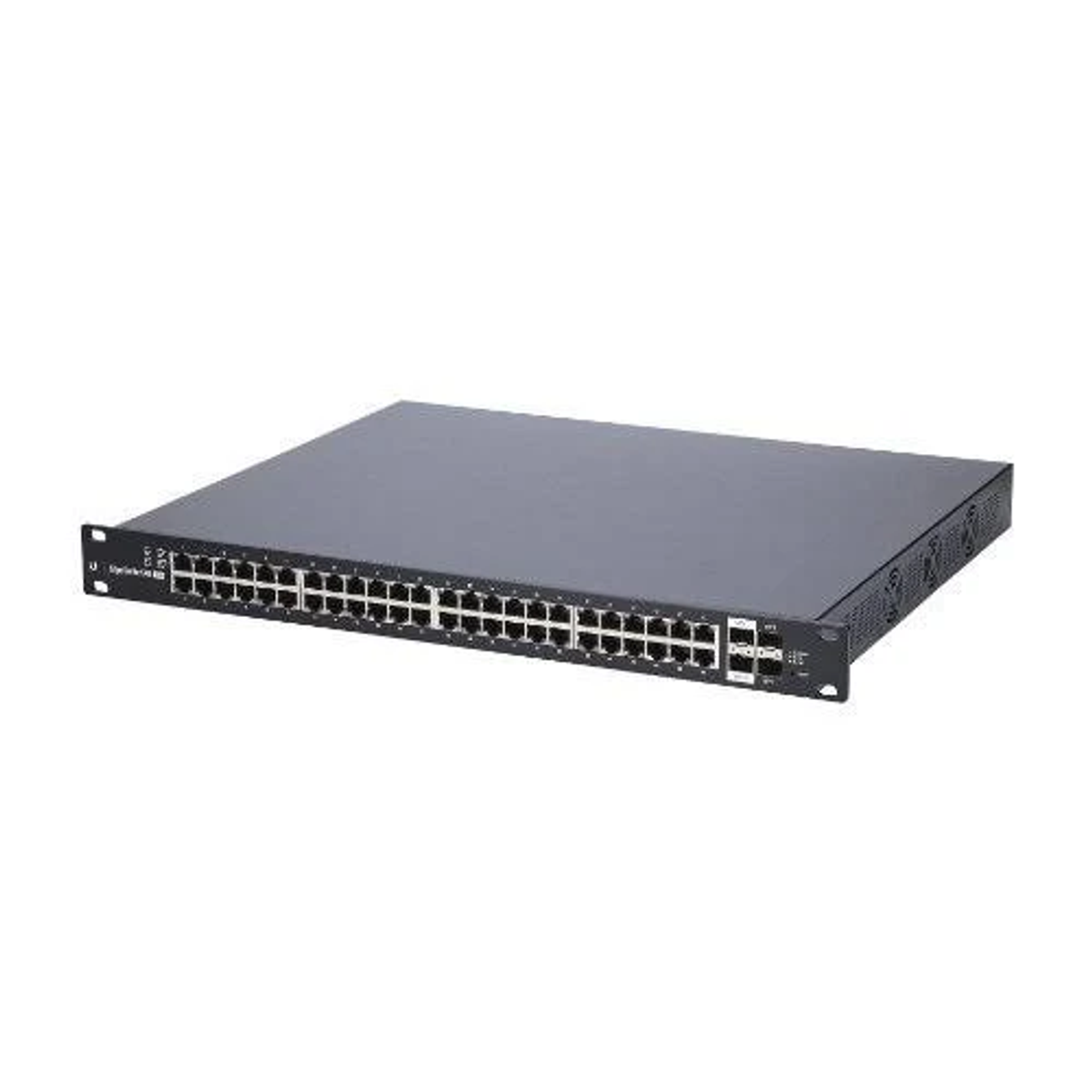 Ein Netzwerk-Switch. Es ist ein schwarzes, rackmontierbares Gerät mit Anschlüssen und Anzeigen. Vor weißem Hintergrund.