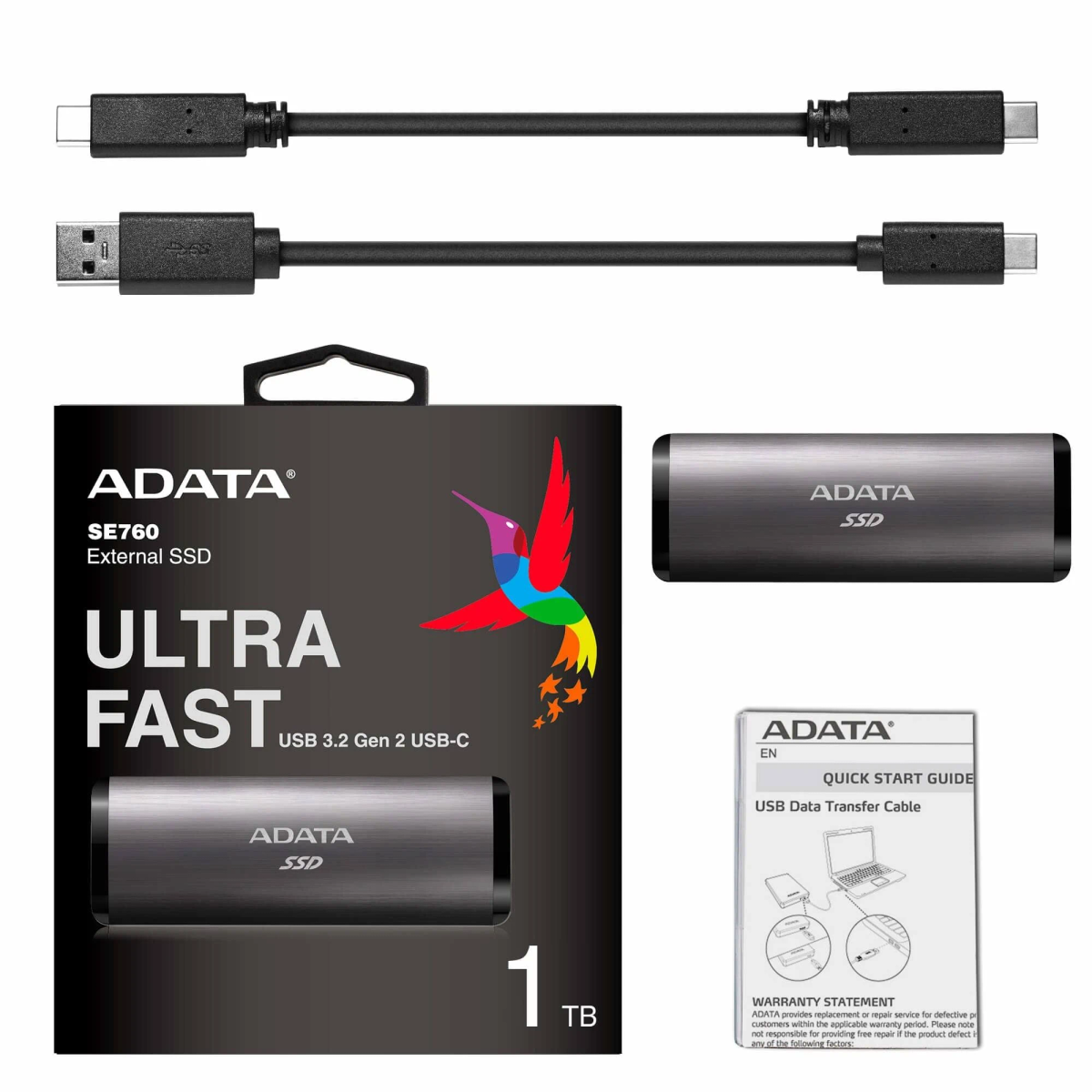 Opakowanie zewnętrznego dysku SSD ADATA SE760 z dyskiem SSD, kablami i przewodnikiem szybkiego startu.