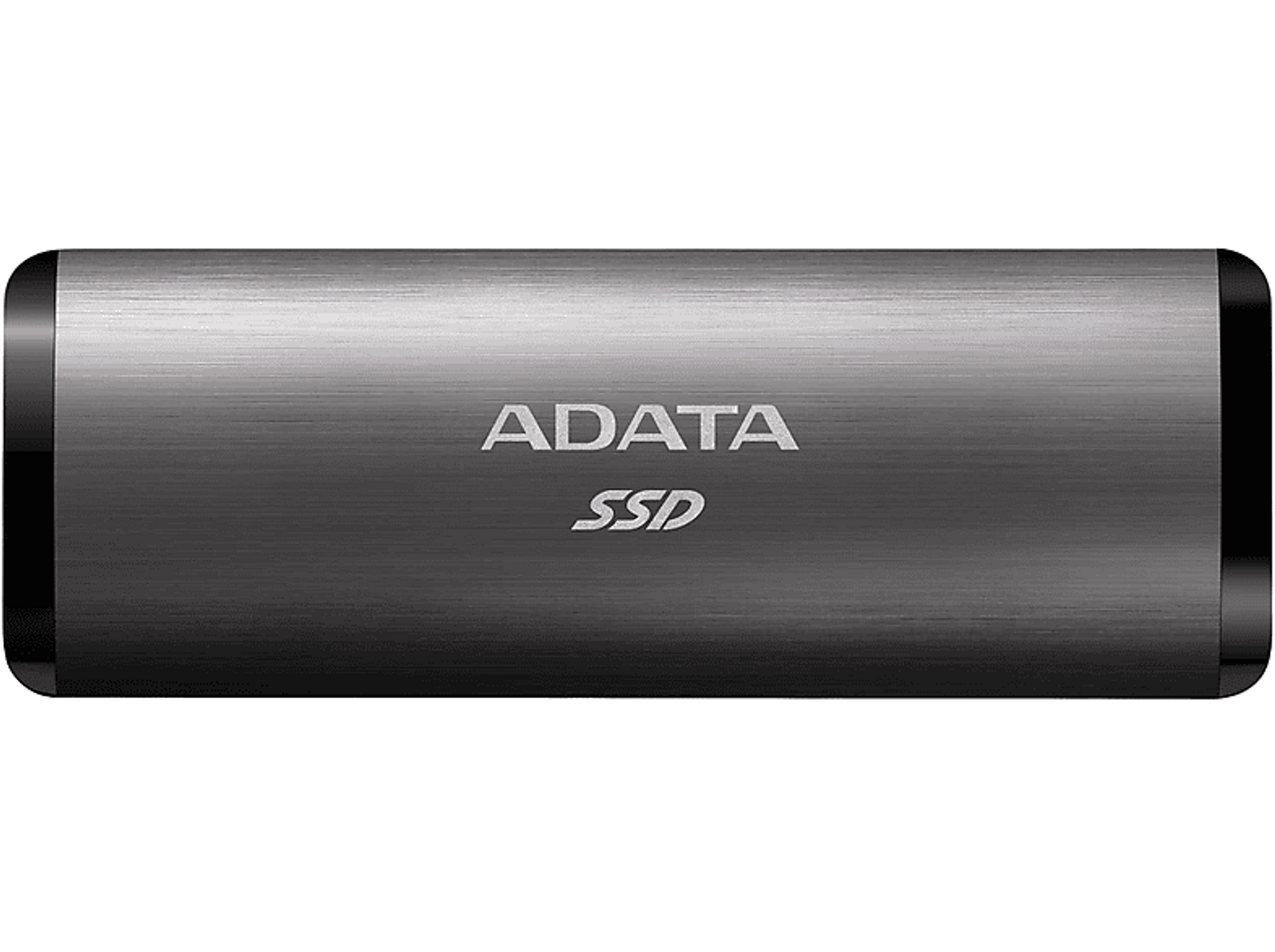 Srebrny dysk SSD ADATA z czarnymi zaślepkami. ADATA i SSD są nadrukowane na górze.