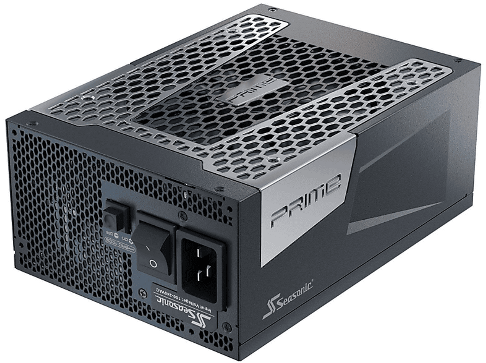 Zwarte en grijze computer voeding. Heeft een ventilatierooster, aan/uit-schakelaar en voedingspoort. Het merk is Seasonic.