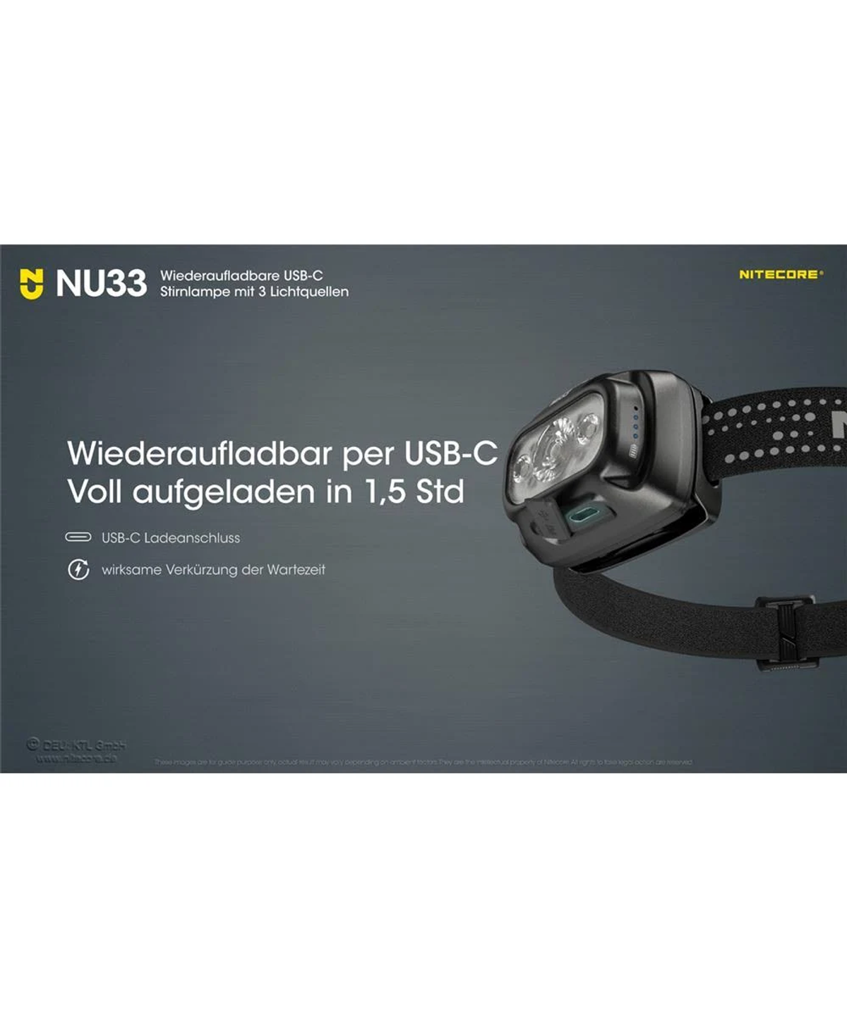 Latarka czołowa, czarna z czarnym paskiem. Tekst wskazuje ładowanie USB-C i żywotność baterii.