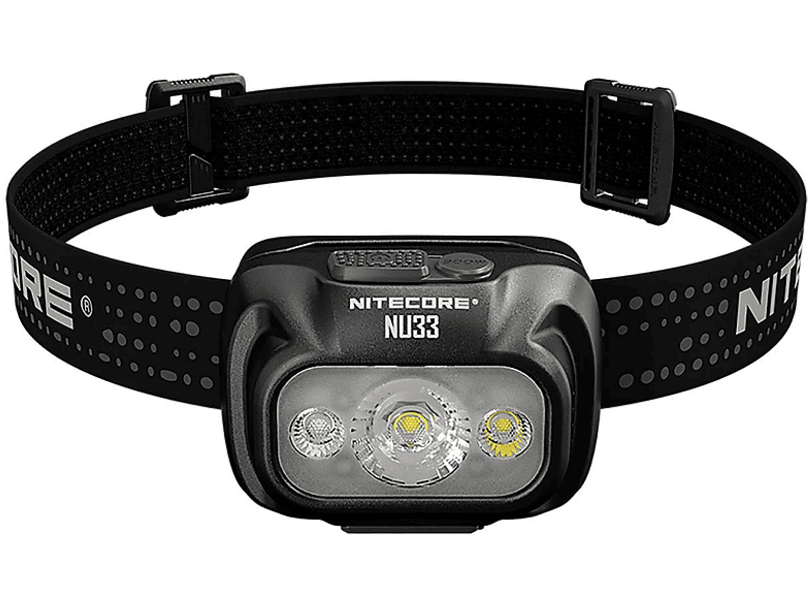 Czarna lampa czołowa z regulowanym paskiem. Ma centralne i boczne światła.