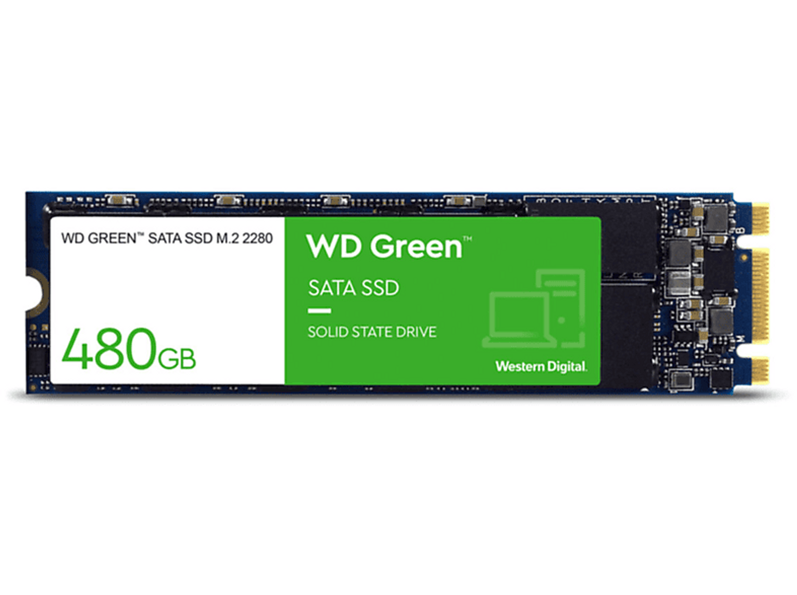 Dysk SSD WD Green SATA M.2 2280, z zieloną etykietą i 480 GB.