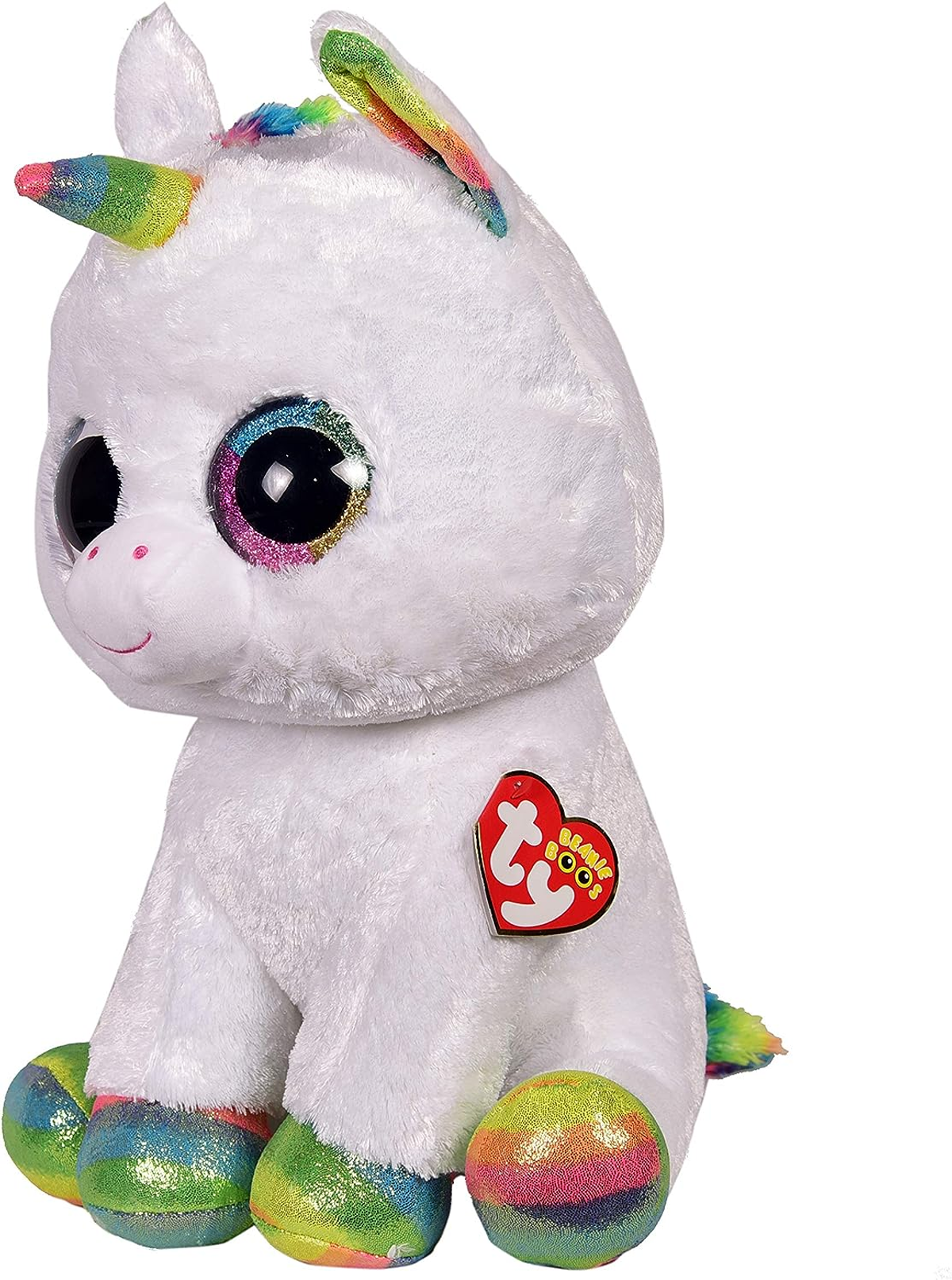 Weißes Einhorn-Plüschtier mit Regenbogenhorn, Ohren und Füßen.